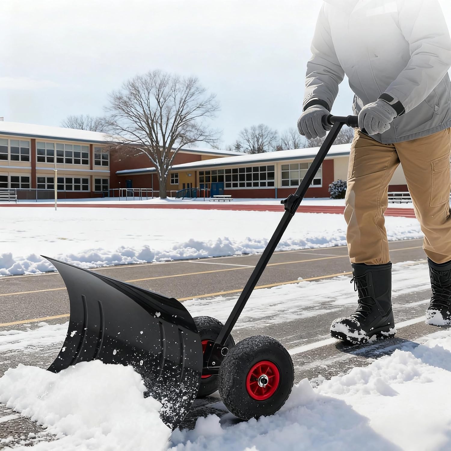 GarveeHome Snow Shovel with Wheels for Driveway, 29 in Wide Heavy Duty Push Snow Plow Shovel, Adjustable Handle, Angled Blade, Efficient Snow Removal for Pavement