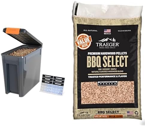Traeger Grills 22lb Stay Dry Pellet Storage Bin with Locking Lid & 30lb BBQ Select All-Natural Wood Pellets Bundle for Smokers and Pellet Grills