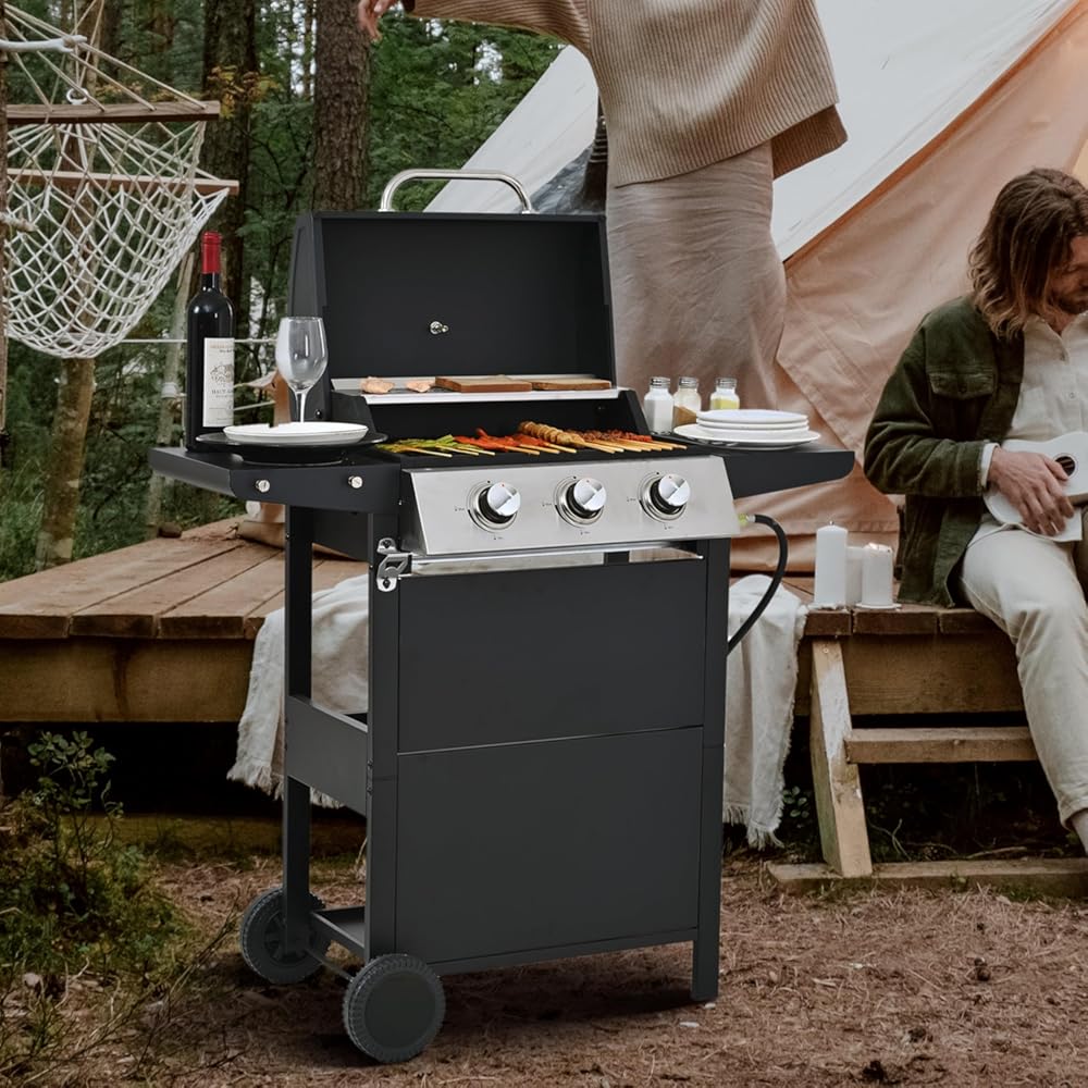 3 Burner Propane Gas Grill, 26,000 BTU Stainless Steel Outdoor BBQ Grill with Side Shelves, Lid, Wheels & Bottle Opener and Built-in Thermometer for Patio, Garden