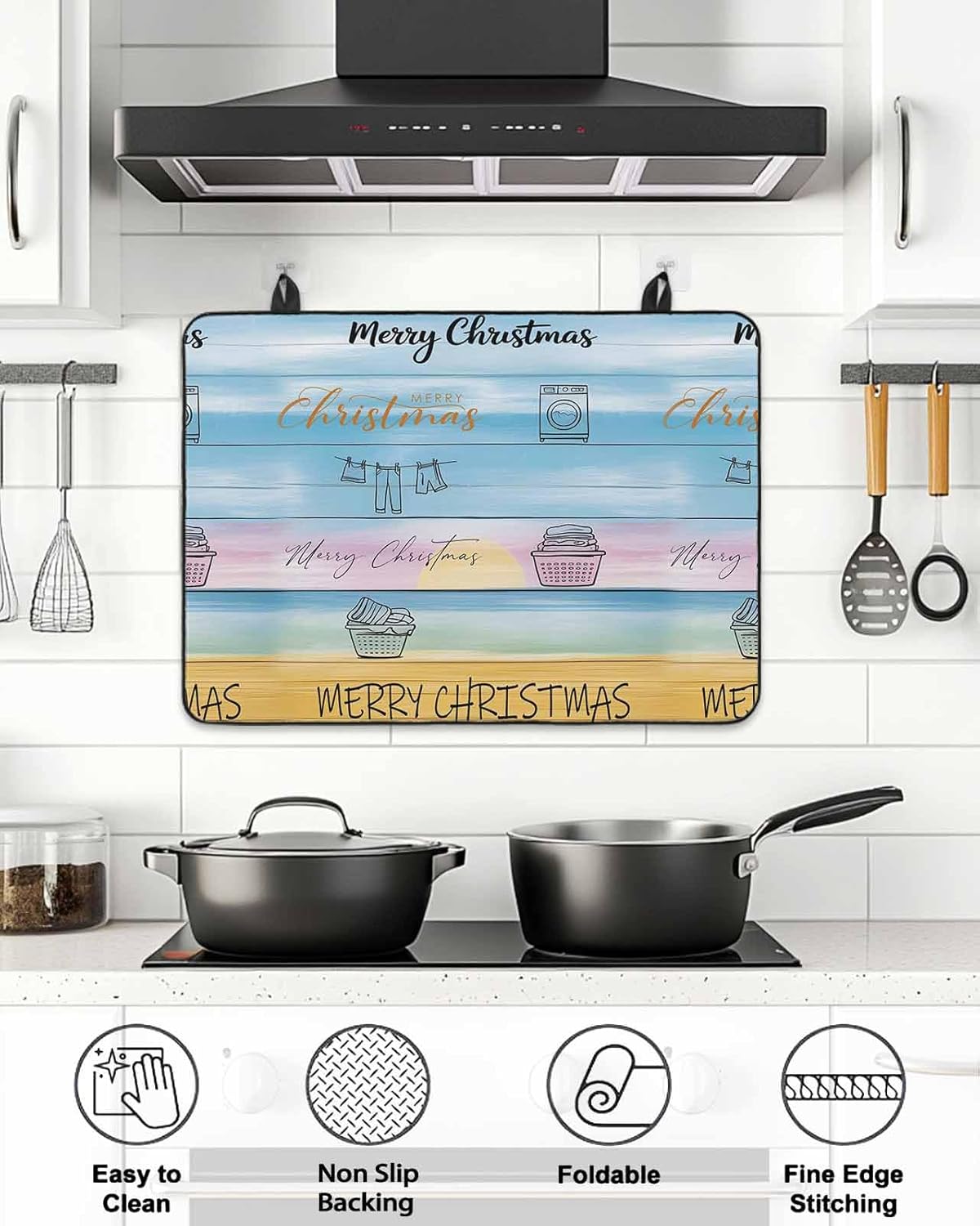 Merry Christmas Stove Top Covers for Electric Stove, Kitchen Table Protection Mat, Blue Wood Clothes Laundry Room Washing Machine Heat-Proof Glass Cooktop Pad Cover for RV/Small Kitchen 36