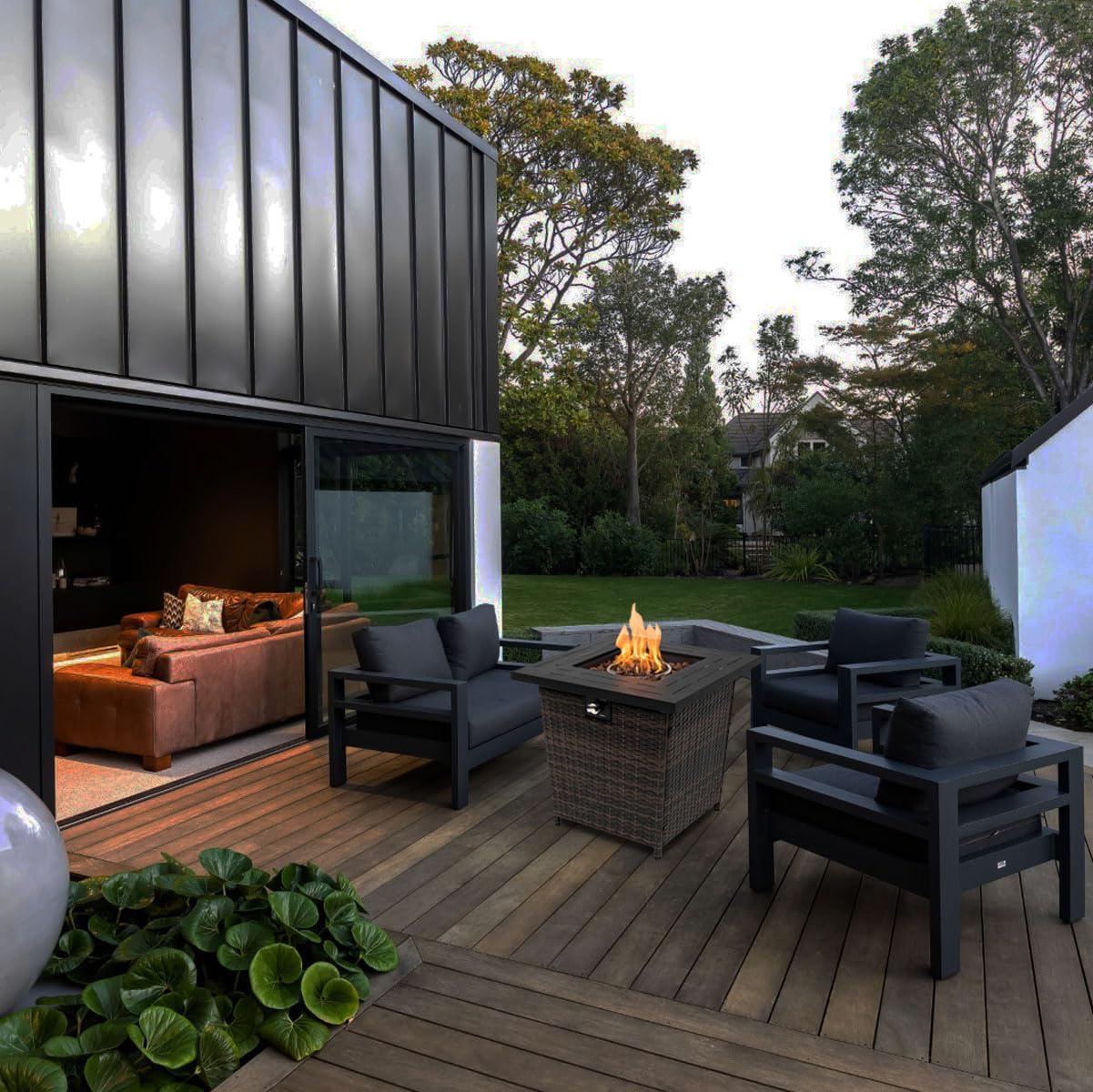 28'' Propane Fire Pit Table, 50,000 BTU Fire Table with Brown Wicker, Laval Rocks, Inclined Leg Design.