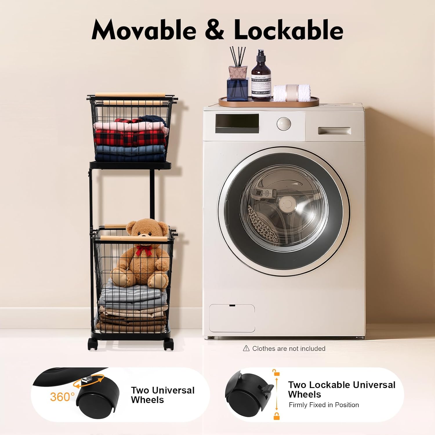 Laundry Basket 2 Tier Metal Laundry Basket With Wheels, Iron Beech Wood Spray Molding, 88.18LBS Load 4 Wheels 2 Brakes, Removable Baskets Hollow-out Breathable, Home