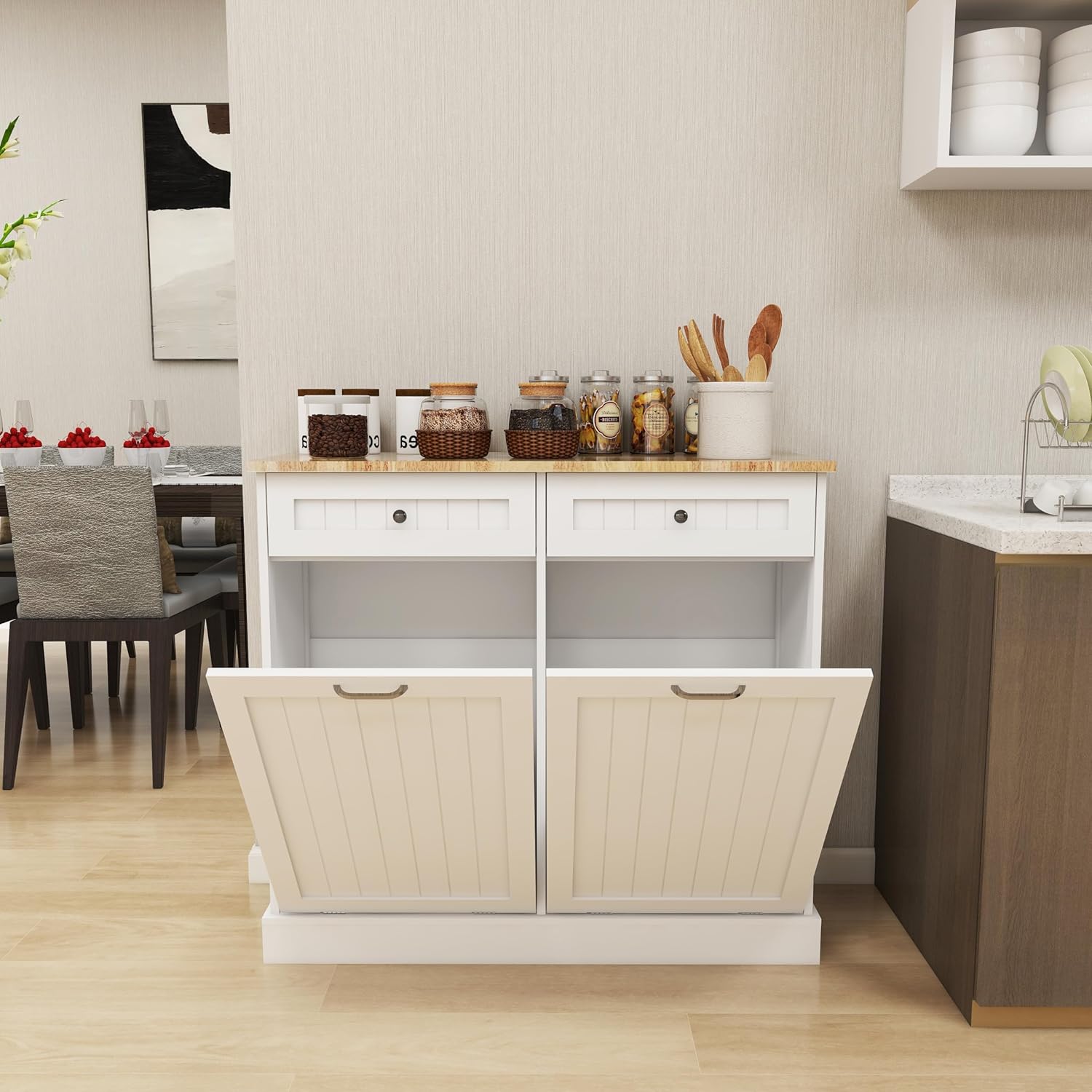 Ball & Cast Double Tilt Out Trash Cabinet, Multifunctional White Hidden Garbage Can Cabinet, Wooden Trash Can for Kitchen, Bathroom and Living Room