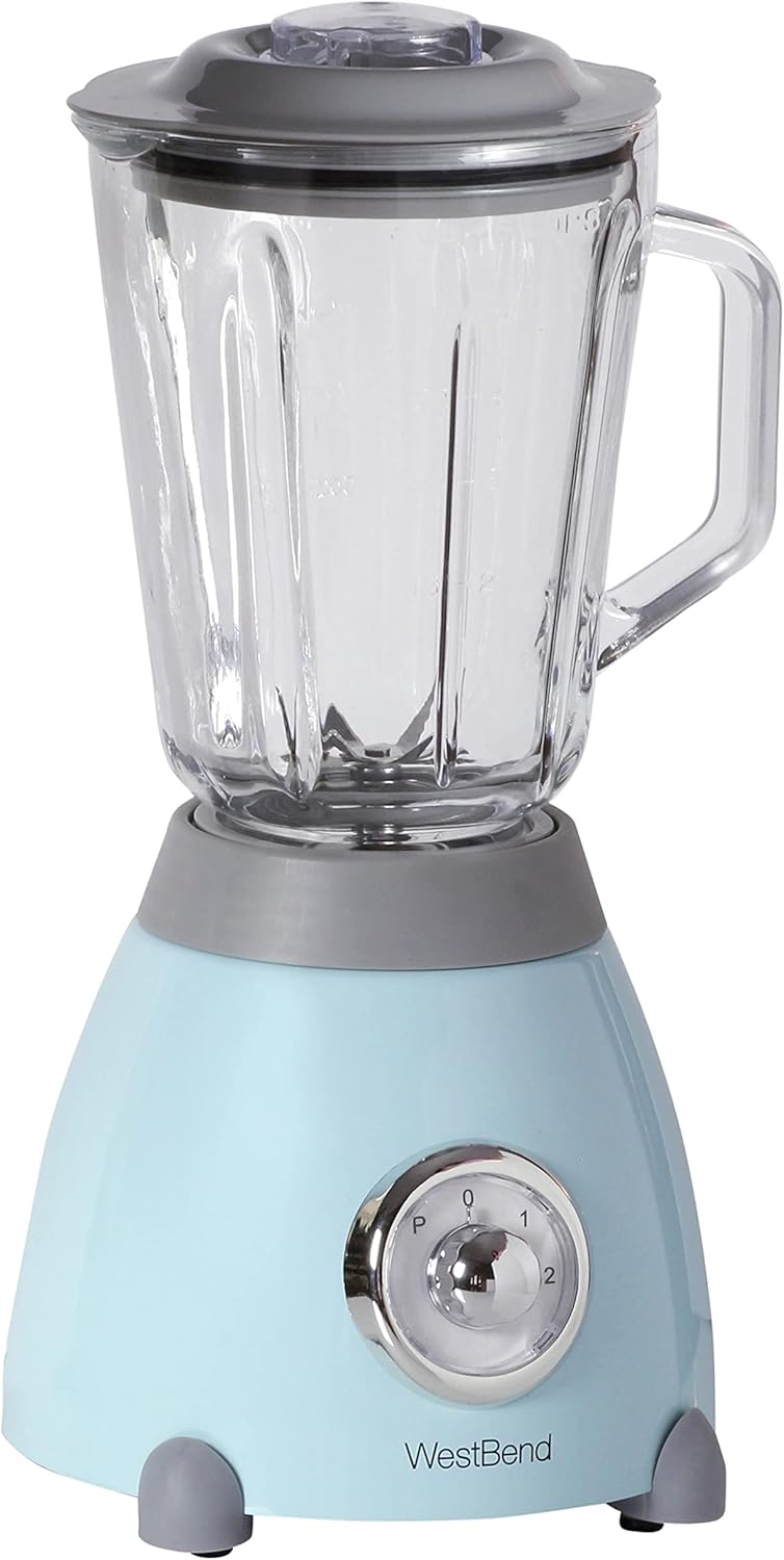 West Bend Blender Retro-Styled 3 Speeds with 48 oz Glass Blending Jar and Stainless Steel Blade, 500-Watts, Blue