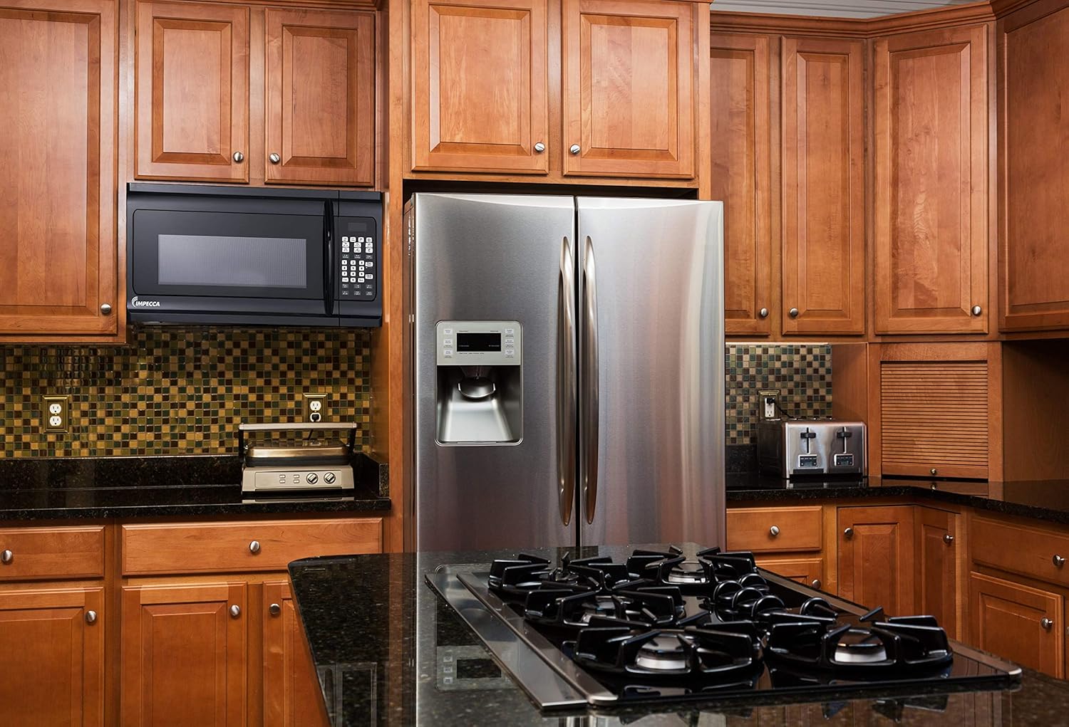 Impecca OM-1600K 1.6 cu. ft. Over-the-Range 30” Microwave Oven 1000 Watts, with Surface Light, 2 Speed Vent System, Touch-pad Controls, Digital Clock, Timer, LED Display and Child Lock, Black