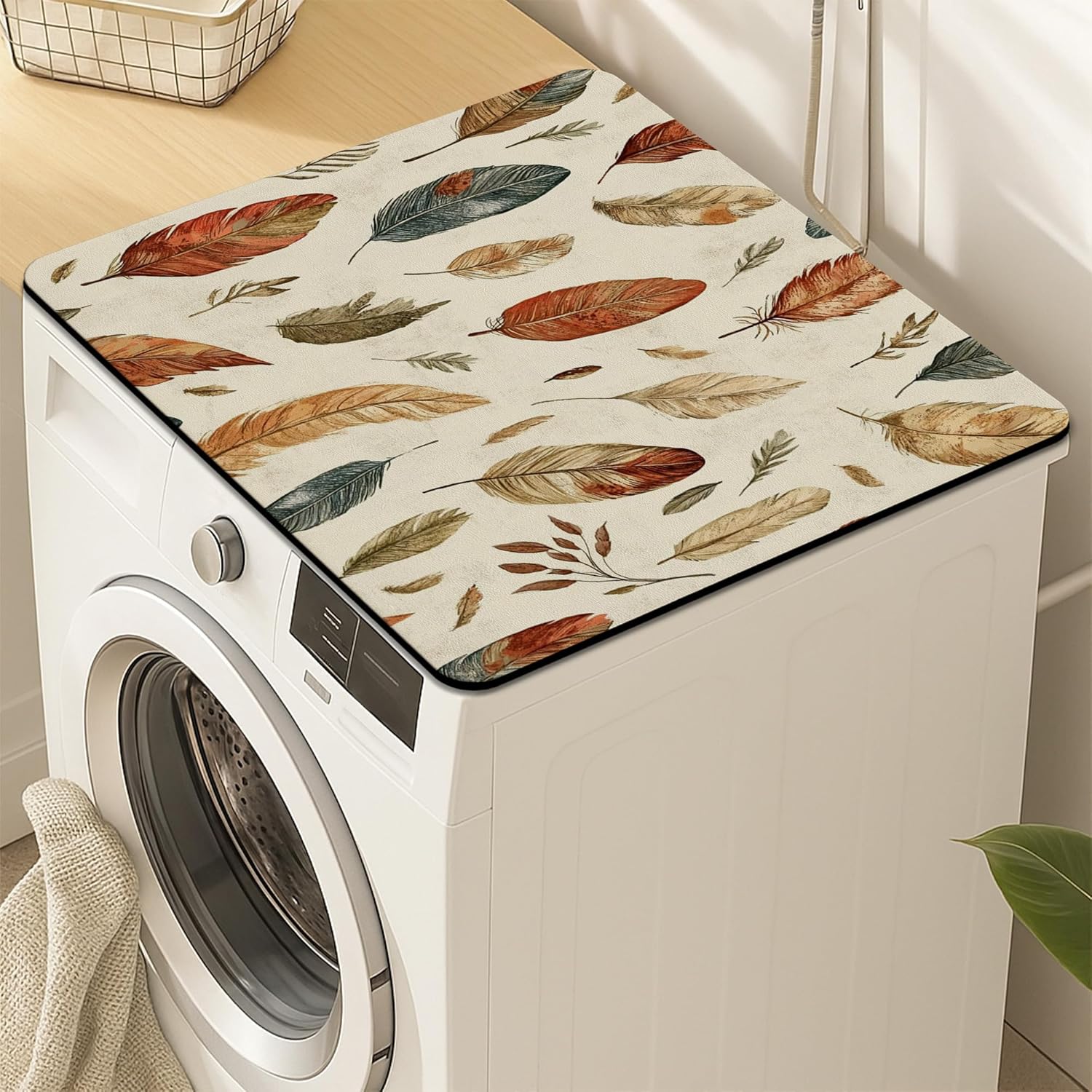 Leaf Pattern Washer Dryer Top Protector Mat, Autumn Botanical Design Laundry Machine Dust Covers, Eco-friendly Anti-slip Waterproof Washer And Dryer Mats for Laundry Room 24x24 Inch