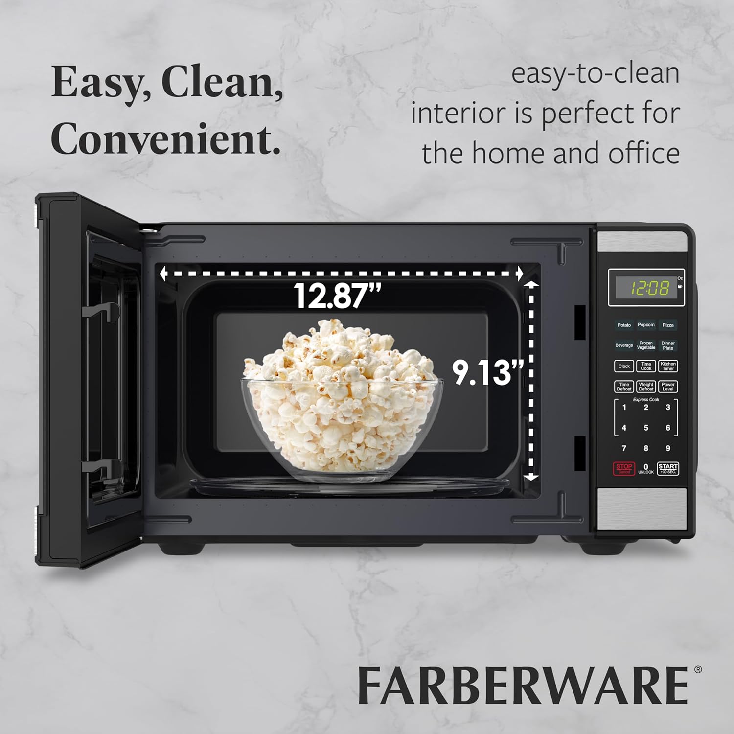 Farberware 0.9 Cu. Ft Countertop Microwave Oven - 900 Watts Power, Auto Cook Settings, Defrost, Easy Clean and Child Safety Lock - Stainless