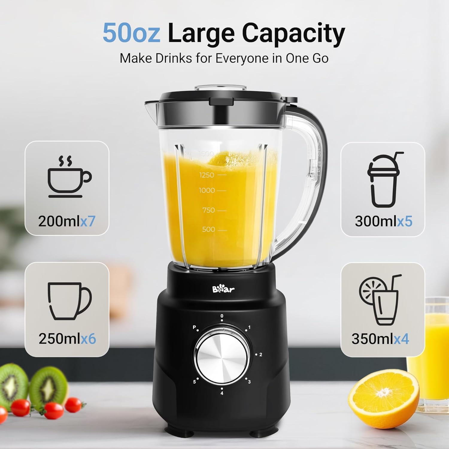 Bear 800W 6-Speed Blender, Smoothie Blender for Kitchen with 50oz(1.5L) BPA-Free Cup/Suction Feet/Feeding Hole/10 blades, Countertop Blender for Smoothies, Crush Ice, Frozen Fruit, Juice and Puree