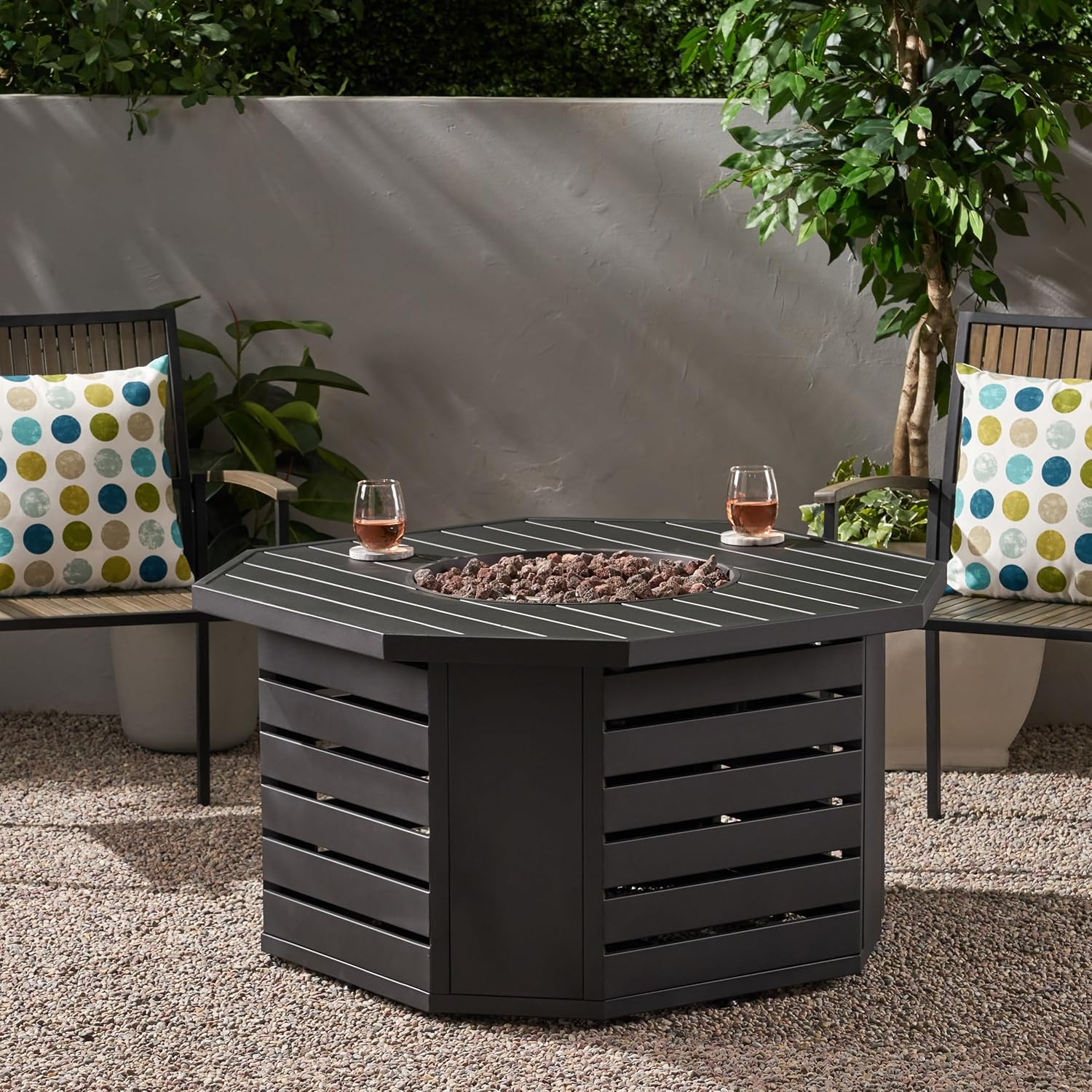 50000 BTU Octagon Propane Fire Pit Table, Outdoor Iron Gas Fire Pit with Rust-Resistant Coating & Built-in Tank Storage, 45