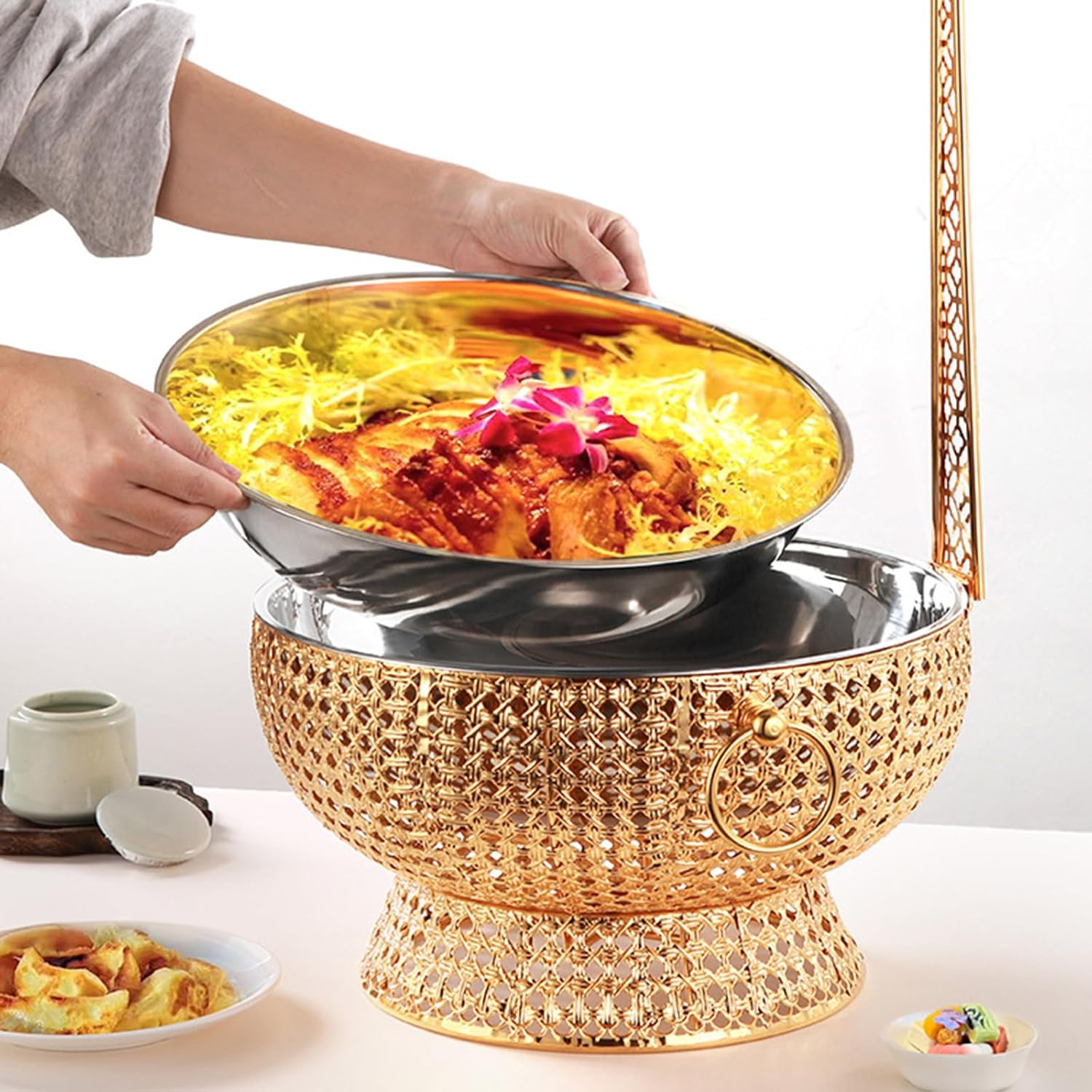 Chafing Dishes for Buffet, 8L Round Stainless Steel Food Warmers Pan with Hanging Lids, for Heating and Cooling, Parties Buffet Catering Events Dinners