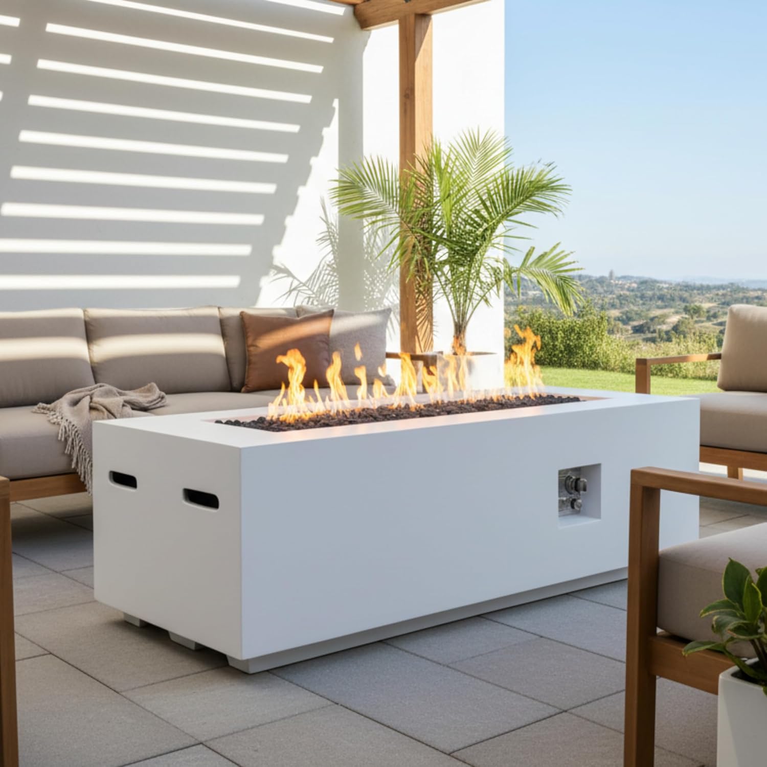 GOWE Outdoor Rectangle Propane Fire Pit Table 60inch, 60,000 BTU Concrete Fire Table with Waterproof Cover, Auto-Ignition, Free Lava Rocks,White