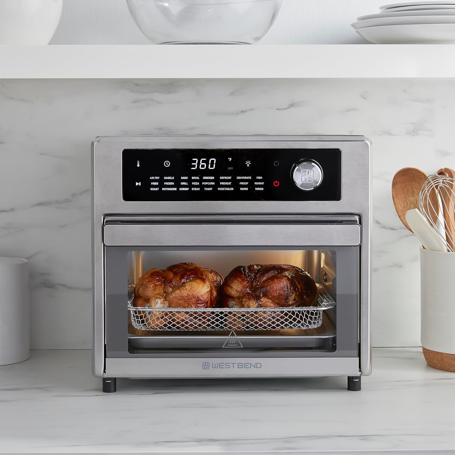 West Bend XL Air Fryer Oven 26-Quart with Digital Controls Easy-View Door and 24 Cooking Presets, Includes Nine Accessories, 1700-Watts, Metallic