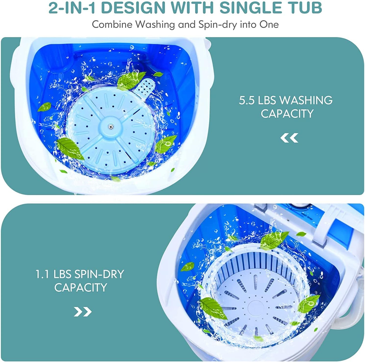 FUTADA Mini Washing Machine with Spin Dryer, Portable Clothing Washer Single Tub Washing Machine, 5.5lbs Washer Blue