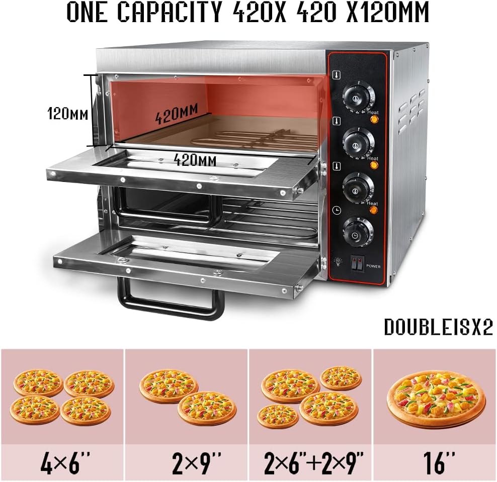 Shikha Commercial Pizza Oven 16 inch Pizza Double Deck 3000W 110V Electric Oven Multipurpose Toaster Bake Broiler 40L Capacity Stainless Steel for Restaurant Home Pizza Pretzels Baked Roast Yakitori