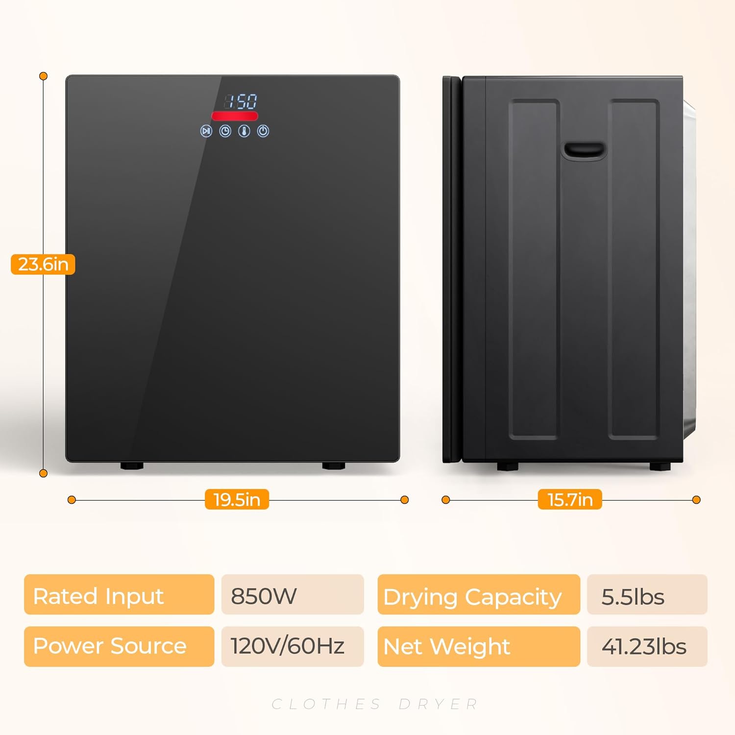 EUHOMY 1.5 Cu.ft. Portable Clothes Dryer, 850W Compact Dryer with Exhaust Hose, Mirror Finish, LCD Touch Panel, 4 Drying Modes, 5.5lbs Capacity, Portable Dryer for Apartments, Dorms, Rvs, Black