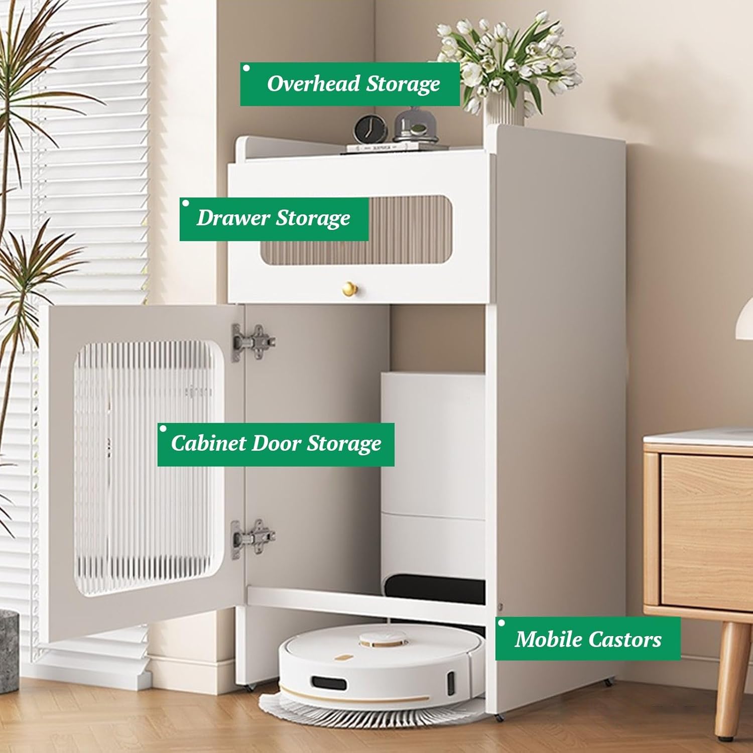 Mobile Storage Cabinet Corner Hidden Robot Vacuum Stand for Self-Emptying Robot Vacuum and Mop Storage Cabinet with Drawers Wood Accent End Table Wheels Home Living Room(Champagne,19.6x15.7x36.6in)