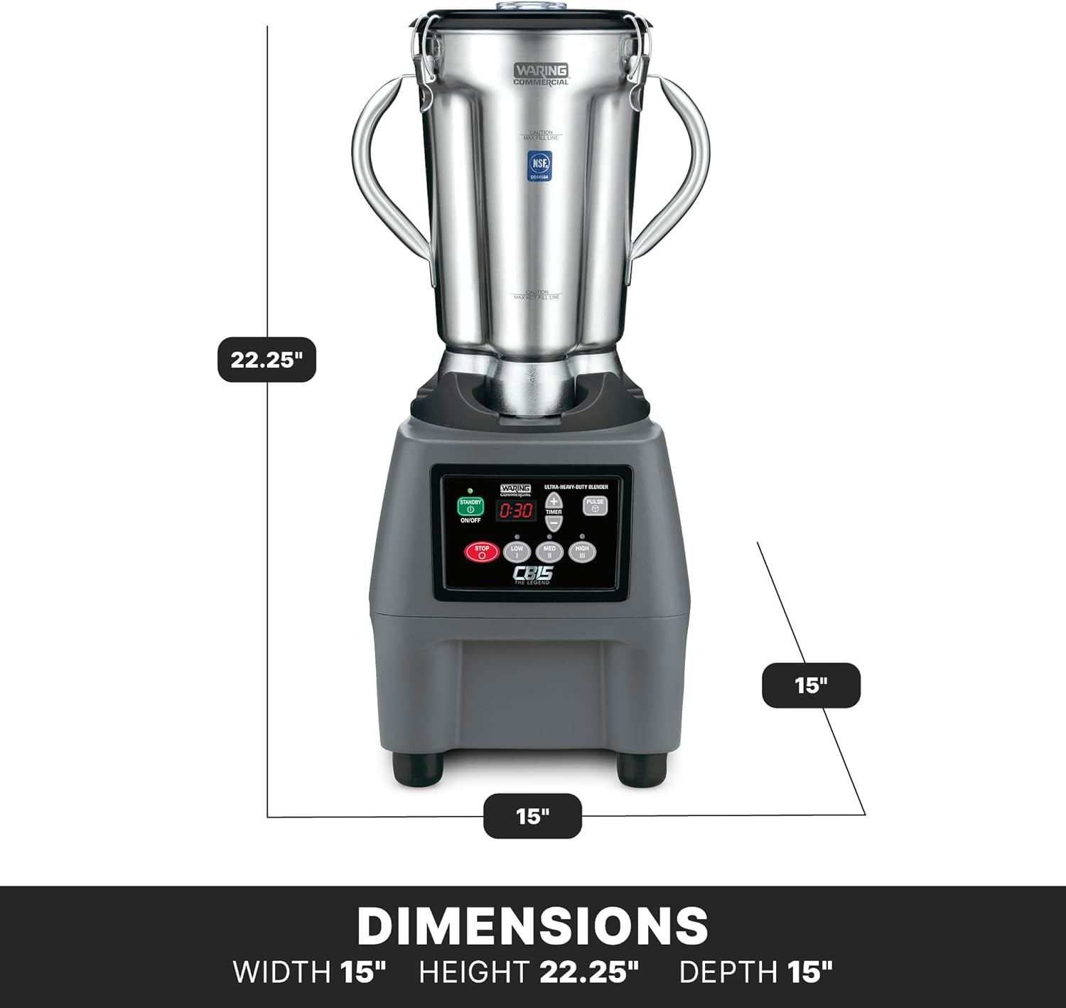 Waring CB15T Blender with Timer, Stainless Steel Container, 120V, 4 L Capacity, 26
