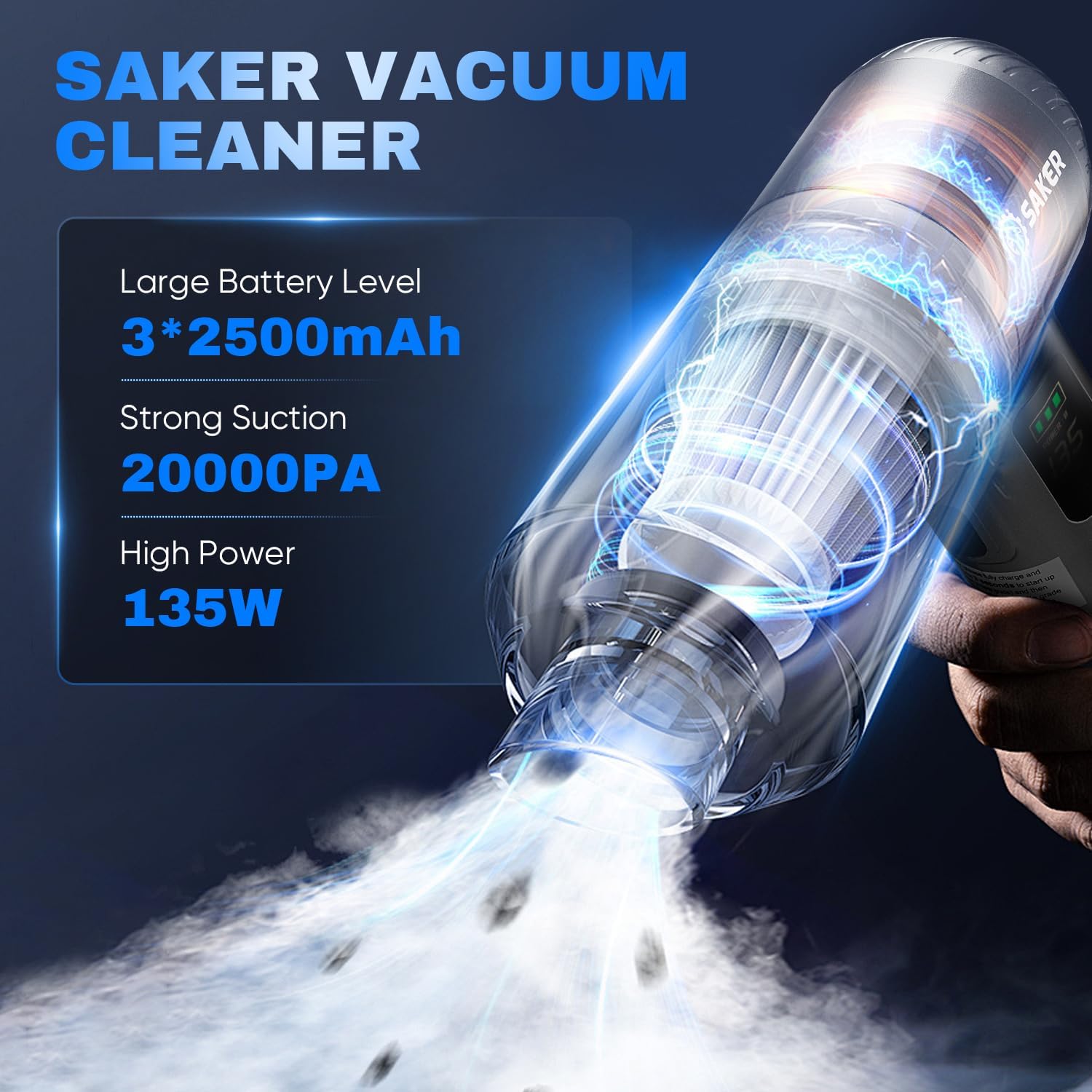 Saker Car Vacuum Cleaner HL157 4-in-1 Cordless Handheld Vacuum with 20000Pa Suction & LED Light + Original HEPA & Steel Filter Set (4PCS), Portable for Car, Home, Office, Pet Silver