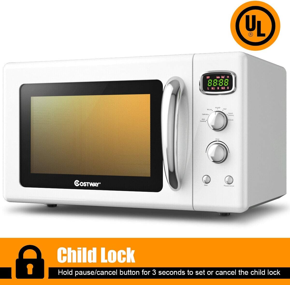 COSTWAY Retro Countertop Microwave Oven, 0.9Cu.ft, 900W Microwave Oven, with 5 Micro Power, Defrost & Auto Cooking Function, LED Display, Glass Turntable Viewing Window, Child Lock, ETL