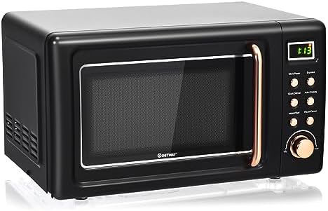 COSTWAY Retro Countertop Microwave Oven, 0.7Cu.ft, 700-Watt, High Energy Efficiency, 5 Micro Power, Delayed Start Function, with Glass Turntable & Viewing Window, LED Display, Child Lock (Gold)