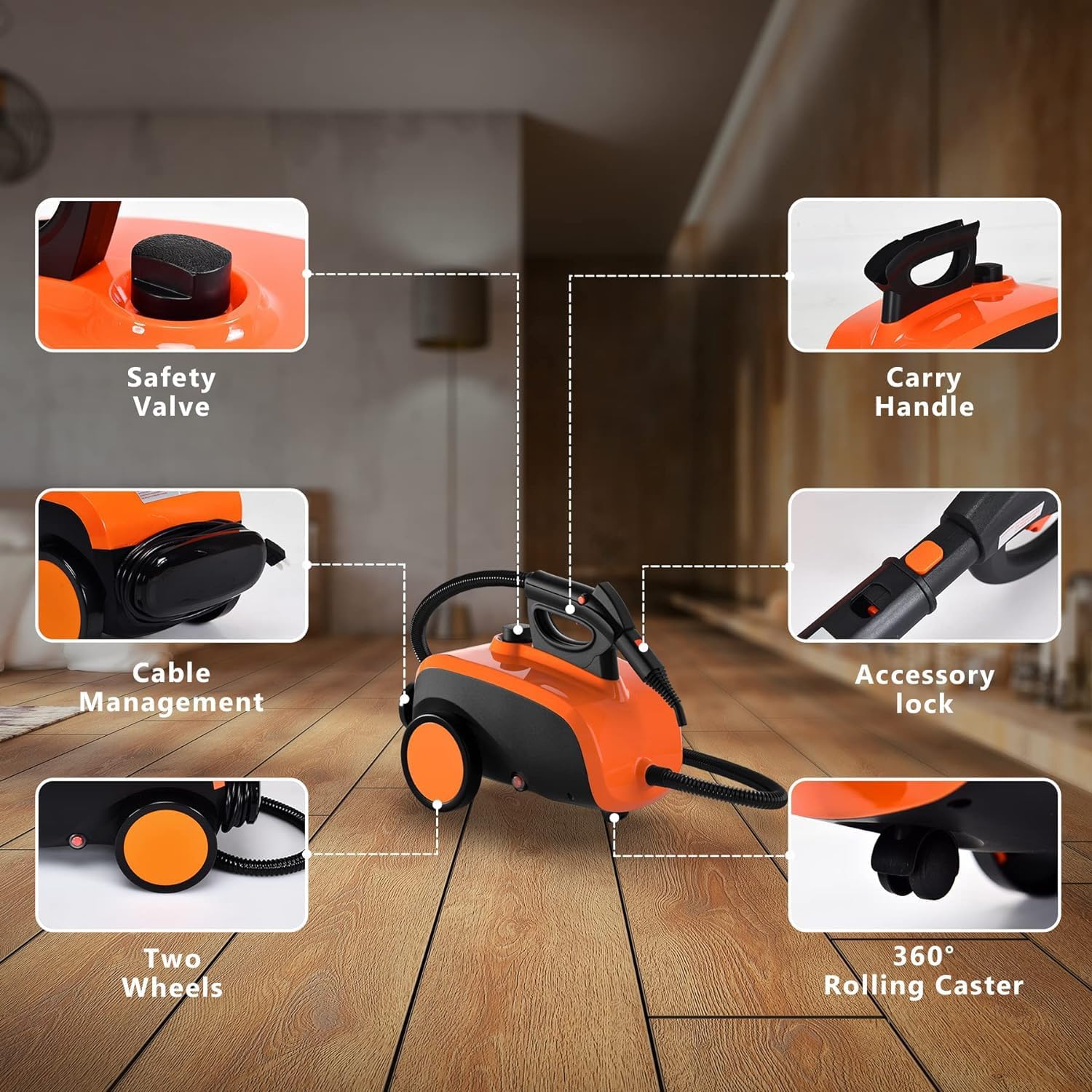 ARLIME Multi-Purpose Steam Cleaner with 19 Accessories, Household Rolling Steamer Cleaning Mop for Carpet, Cars, Floors W/ 1.5L Tank & Extra-Long Power Cord