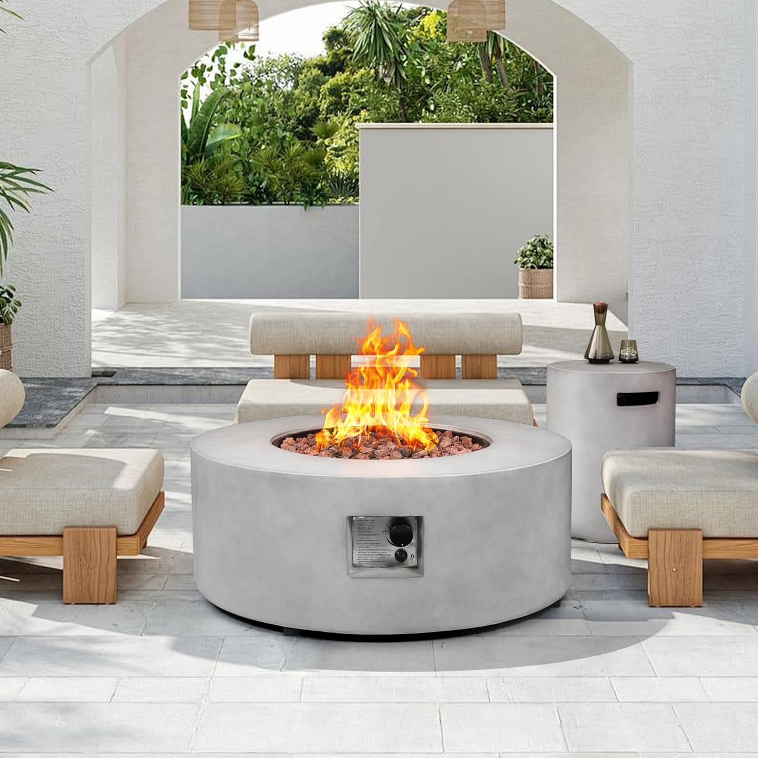 36 Inch Round Fire Pit Table,Propane Fire Pit Table Outdoor Firepit 2-Piece 50,000 BTU Gas Concrete Fire Pit Tank Cover w Lid,Lava Rocks, Rain Cover for Backyard & Deck