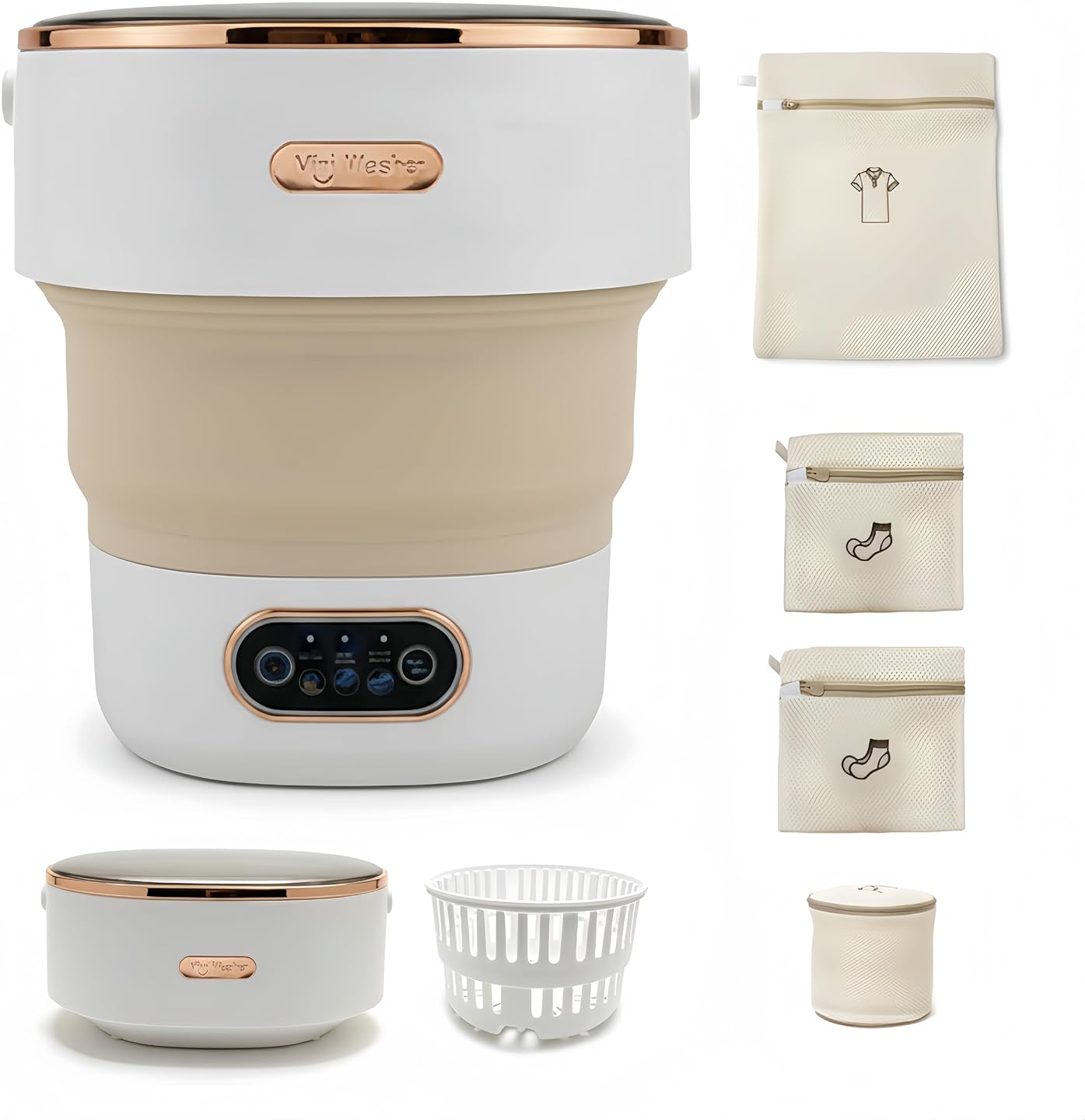 Portable Foldable Washing Machine, 13L Mini Washer with Spin Basket | For Socks, Underwear & Baby Clothes | Compact for Apartment, Dorm, Travel | Khaki