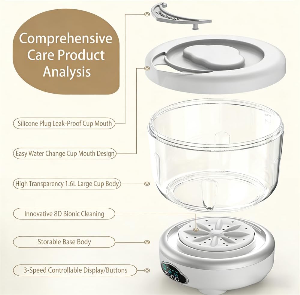 Digital Display Mini Laundry Cup, Wireless USB Charging Compact Washer 600ml Capacity ABS Material Dedicated Washer for Underwear and Socks 1pcs