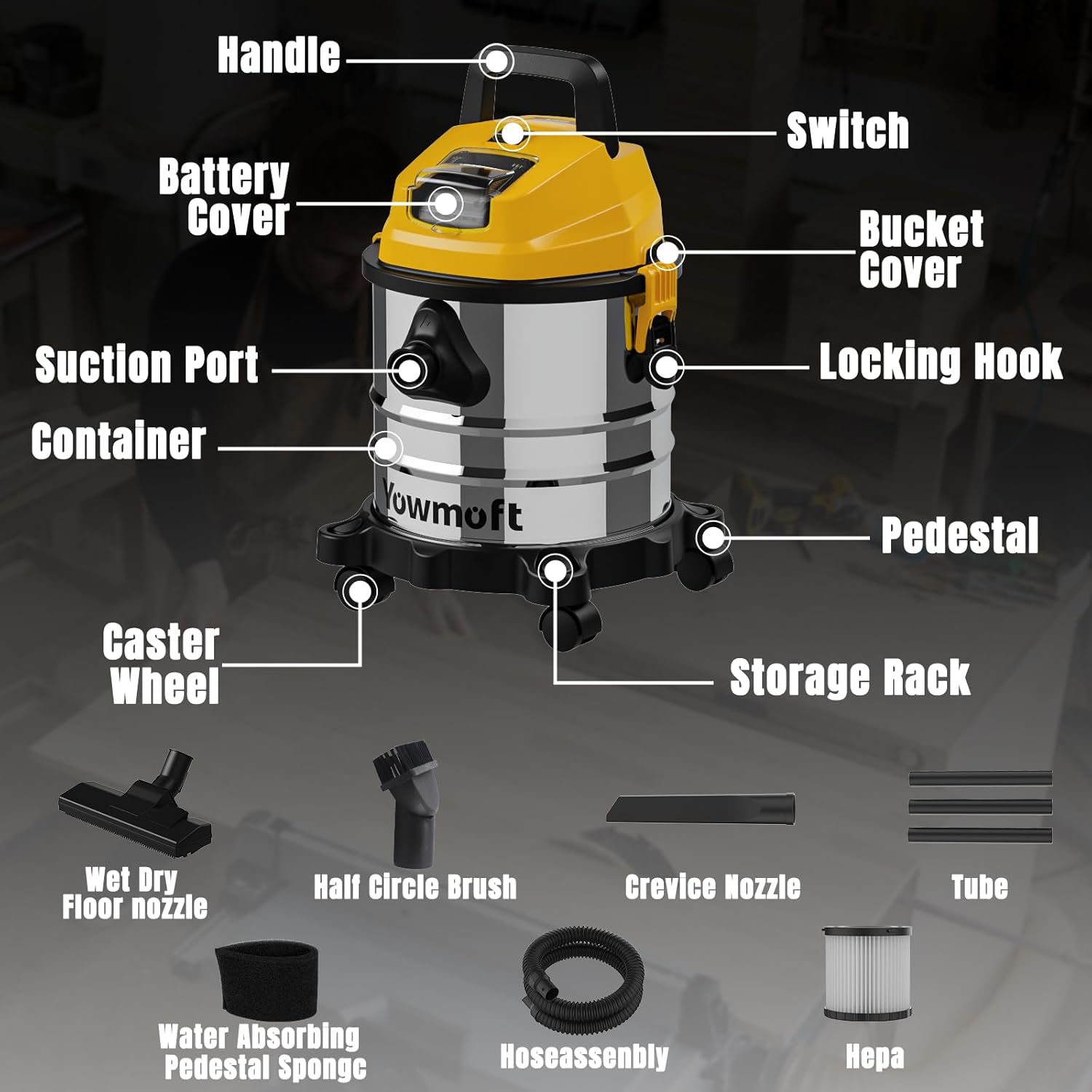 4 Gallon Cordless Shop Vac Compatible with Dewalt 20V Battery, Cordless Shop Vacuum Wet and Dry with 16 Kpa Strong Suction & Blower, Battery Powered Shop Vac for Car, Home and Garage (with Battery)