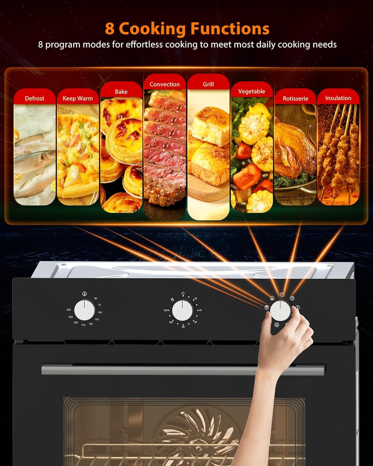 Single Wall Oven 24 Inch Built-in Electric Ovens 3000W 240V 2.5Cu.ft Convection Stainless Steel Oven, Normal Mechanical Knobs