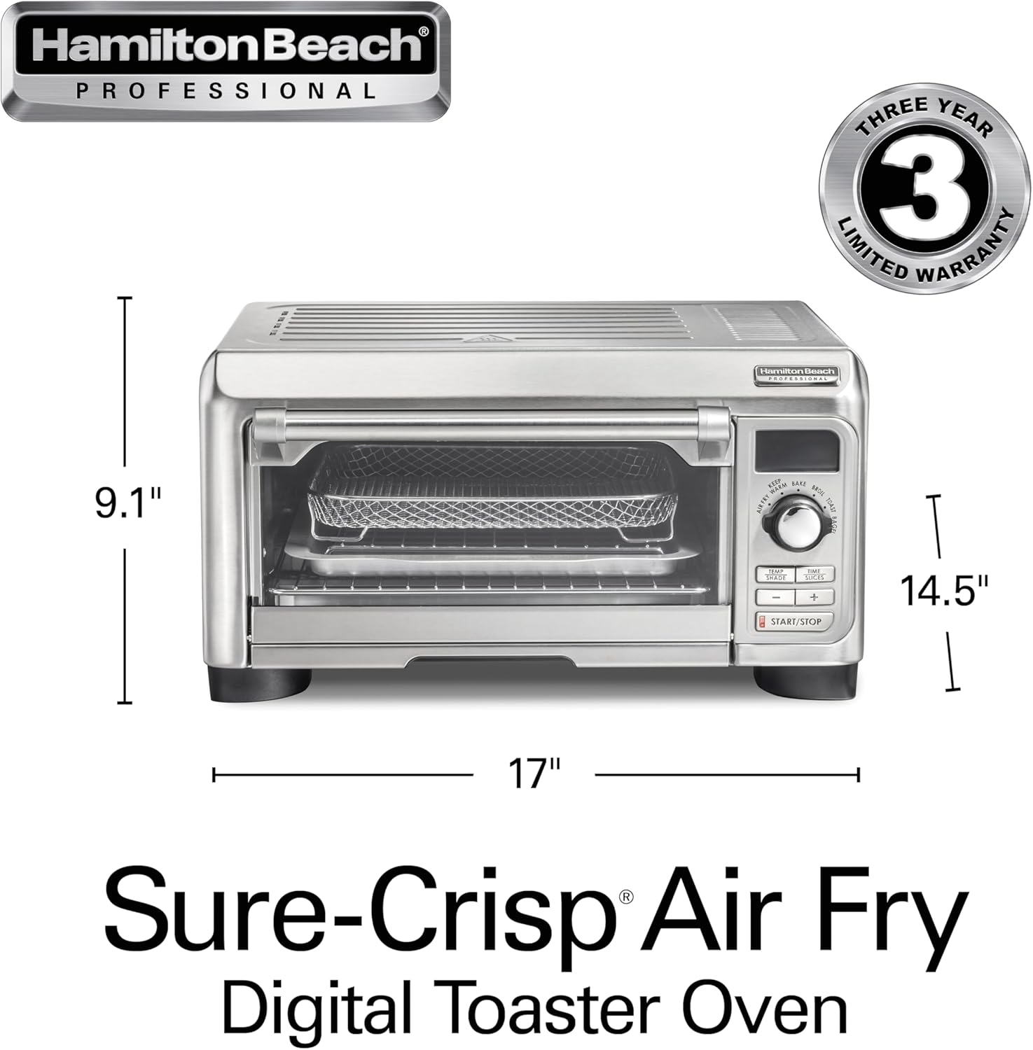 Hamilton Beach Professional Sure-Crisp Digital Air Fryer Toaster Oven Combo with 6-in-1 Functionality, 1500 Watts, 10-inch Pizza / 4 Slice Capacity, Stainless Steel (31241)