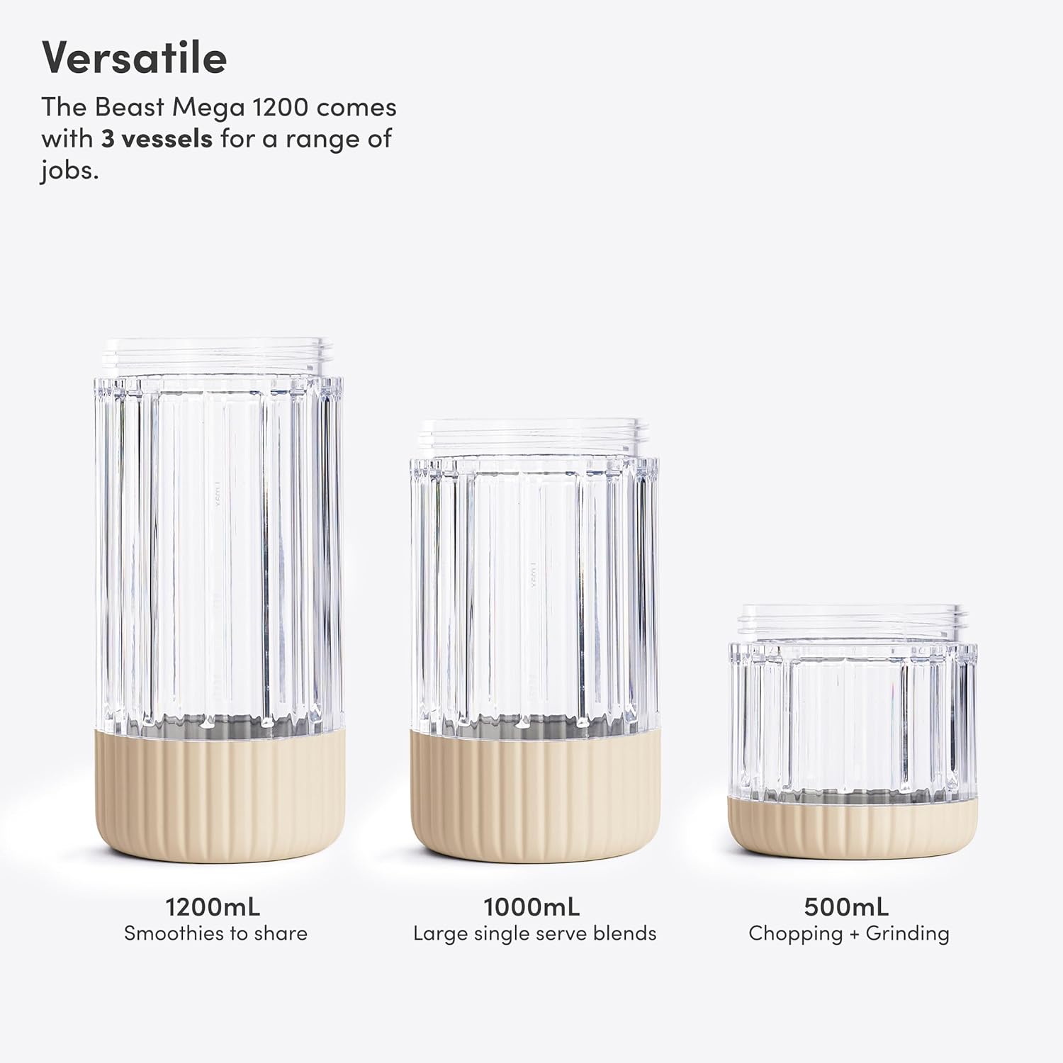 Beast Mega 1200 Plus | Premium Countertop Blender | Smoothies, Shakes, Sauces, Dips, Soups | Blends Ice and Frozen Fruit | XL Vessel | With Extra Vessels, Straw System | 1200W | (Sand, 120V)