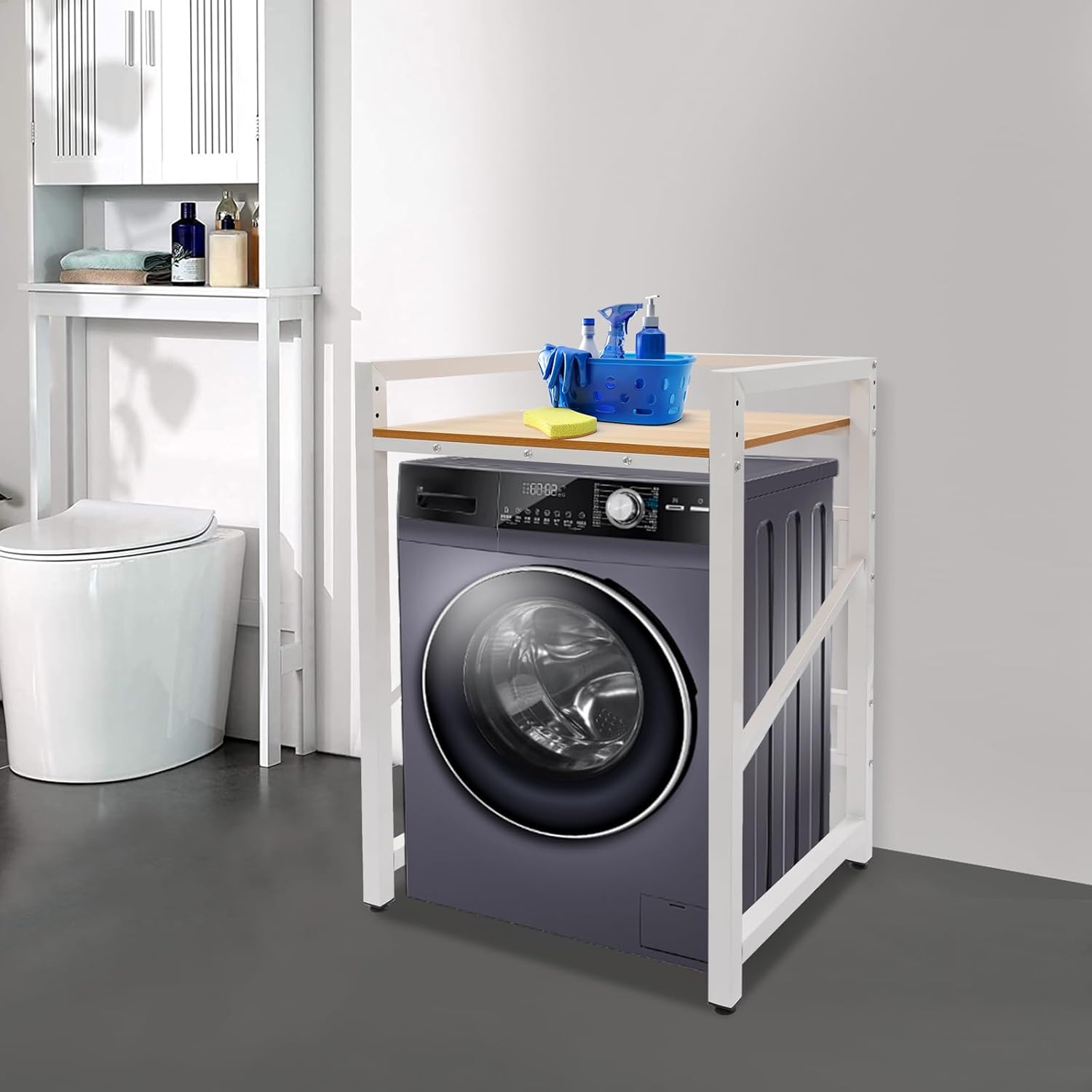 Washer Dryer Stacking Rack Stand - Heavy Duty 661LB Adjustable Shelf Unit, 3-Height Laundry Organizer with Storage for Appliances Space Saving Solution (White+Yellow)