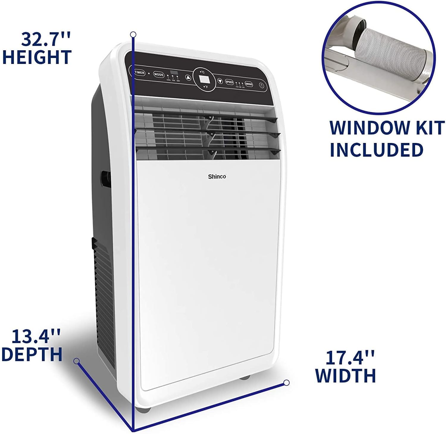 Shinco 10,000 BTU Portable Air Conditioners with Built-in Dehumidifier Function, Fan Mode, Quiet AC Unit Cools Rooms to 300 sq.ft, LED Display, Remote Control, Complete Window Mount Exhaust Kit (Renewed)