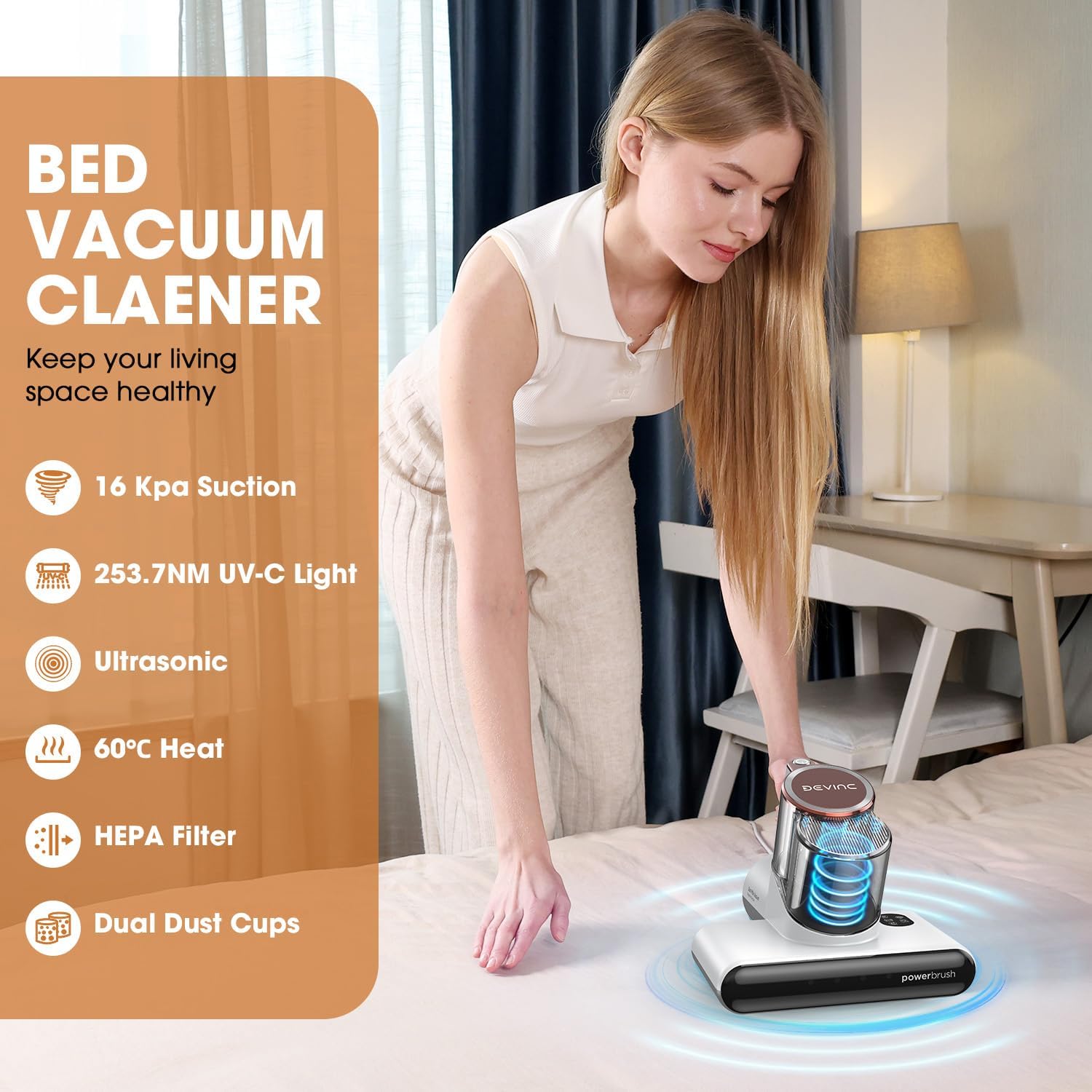 DEVINC Mattress Vacuum Cleaner, 16 KPa Bed Vacuum Cleaner with 253.7nm UV-C Light, HEPA Filter & Heating Tech, Handheld Vacuums for Bed, Sofa, Couch, Crib, Fabric Surfaces(Corded)