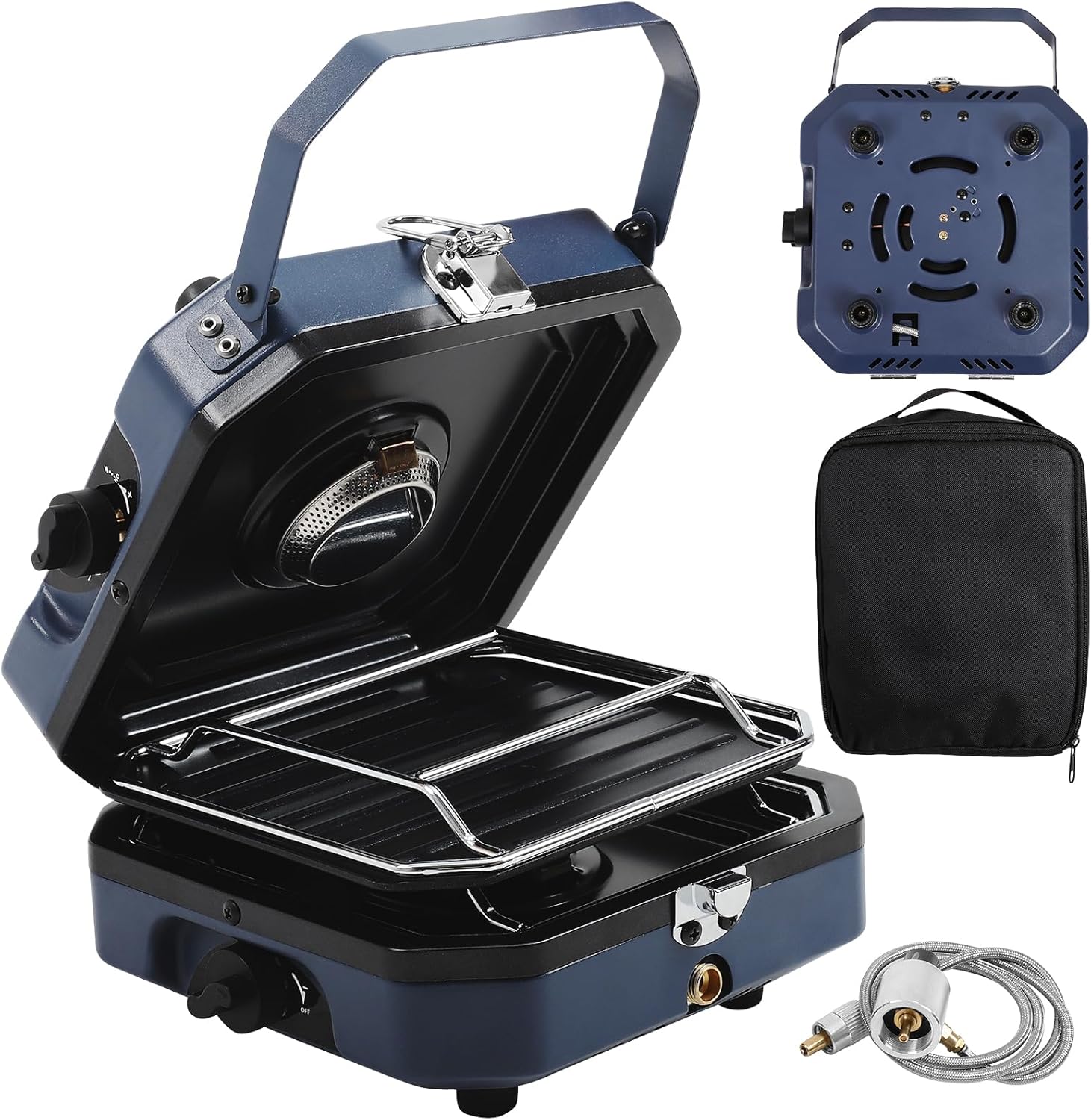Propane Double Burner Two Burner Camp Stove, 16000 BTU Portable Folding Gas Stove for Camping, With grill, grill pan and carry bag, For camping, home backyard, canning, frying turkey (Blue)