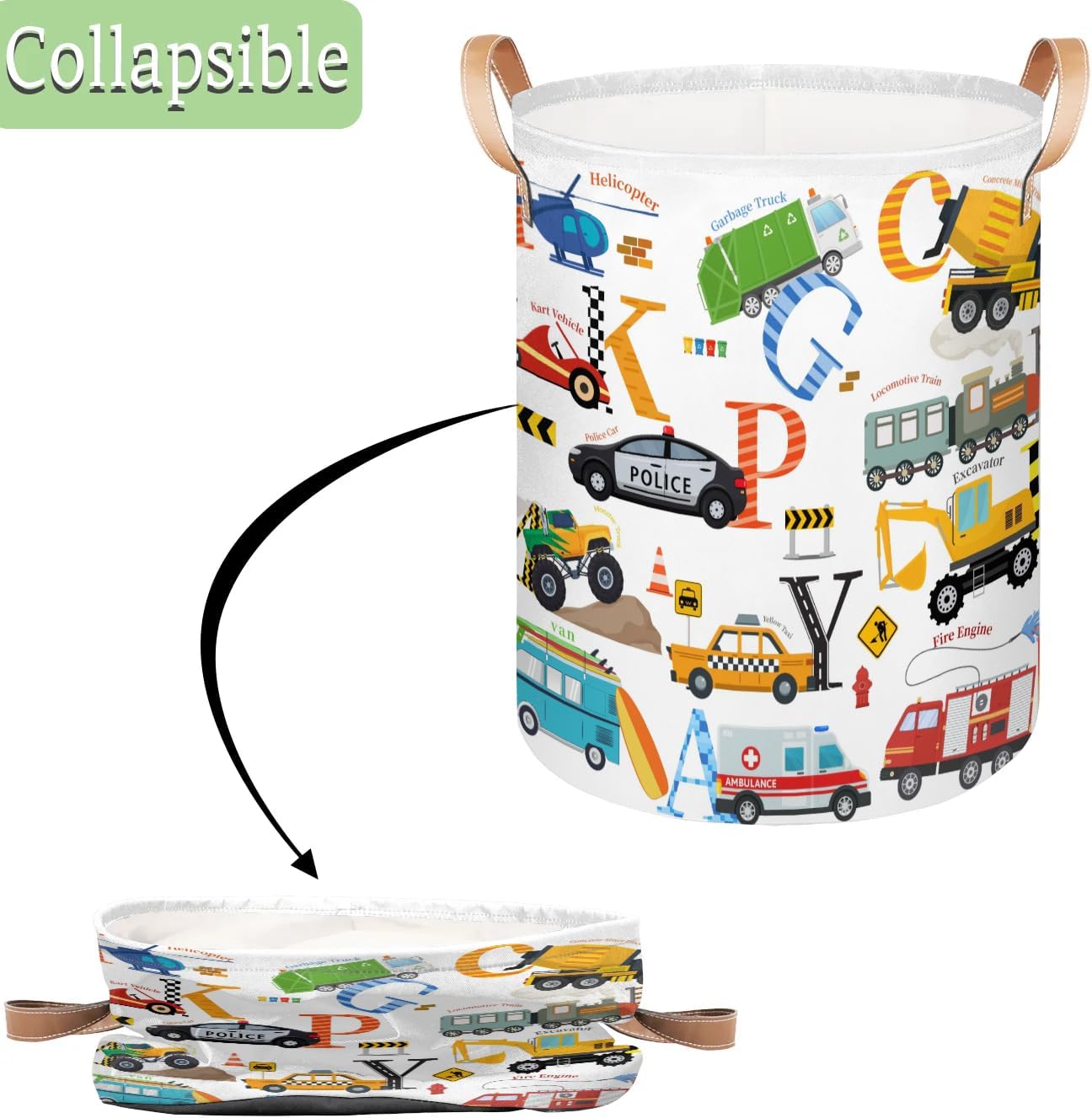 Alphabet Car Kids Laundry Basket, Cartoon Vehicles Nursery Laundry Hamper Foldable Storage Bin Toy Basket Dirty Clothes Storage Basket with Handles Organizer for Bedroom Bathroom