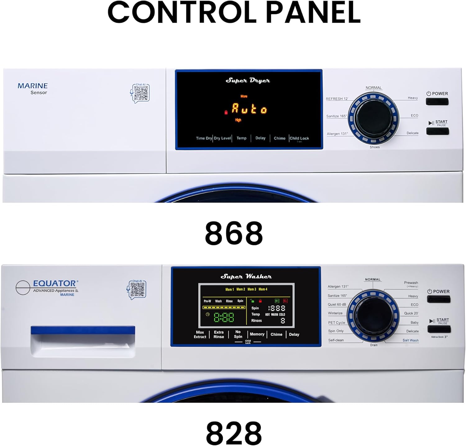 Equator MARINE ANTI CORROSION Stackable Compact Washer 1.6cf+Sensor Dryer 3.1cf 110V