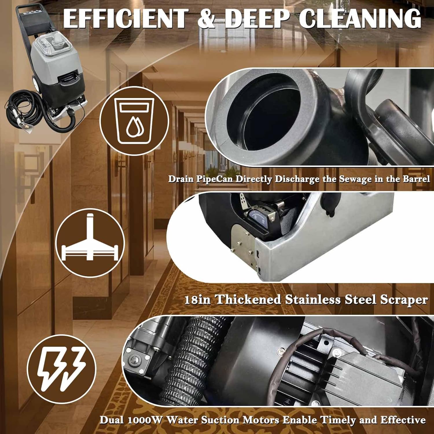 Commercial Carpet Cleaning Machine 3-in-1 Extractor Hand Pushed Hot&Cold Water Carpet Washer 9Gal+9Gal Tanks 18'' Stainless Steel Scraper for Hotel/Gym/Office Deep Cleaning 18m Cord 110V