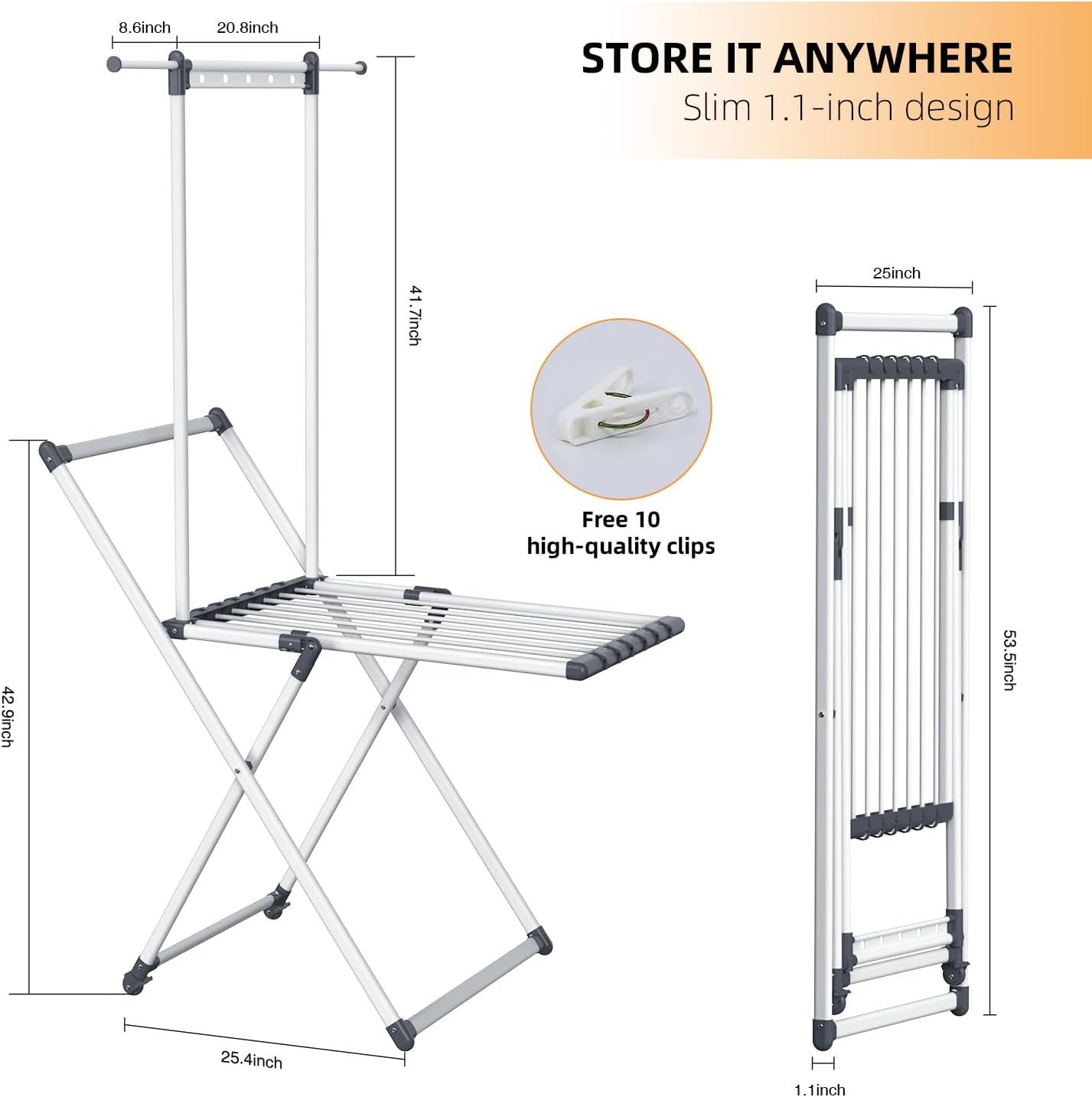 Clothes Drying Rack, Foldable Laundry Rack for Indoor Outdoor, 10pcs Sock Clips, Collapsible Space-Saving Drying Rack for Clothes Towels Dolls, White (Gray-Hanger)