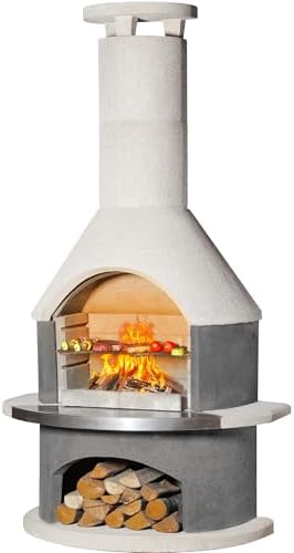 Concrete Outdoor Fireplace with Grill, Wood Burning Fireplace with Wood Storage and Chimney, Include Grill Rack & Charcoal Pan, 81.9”H