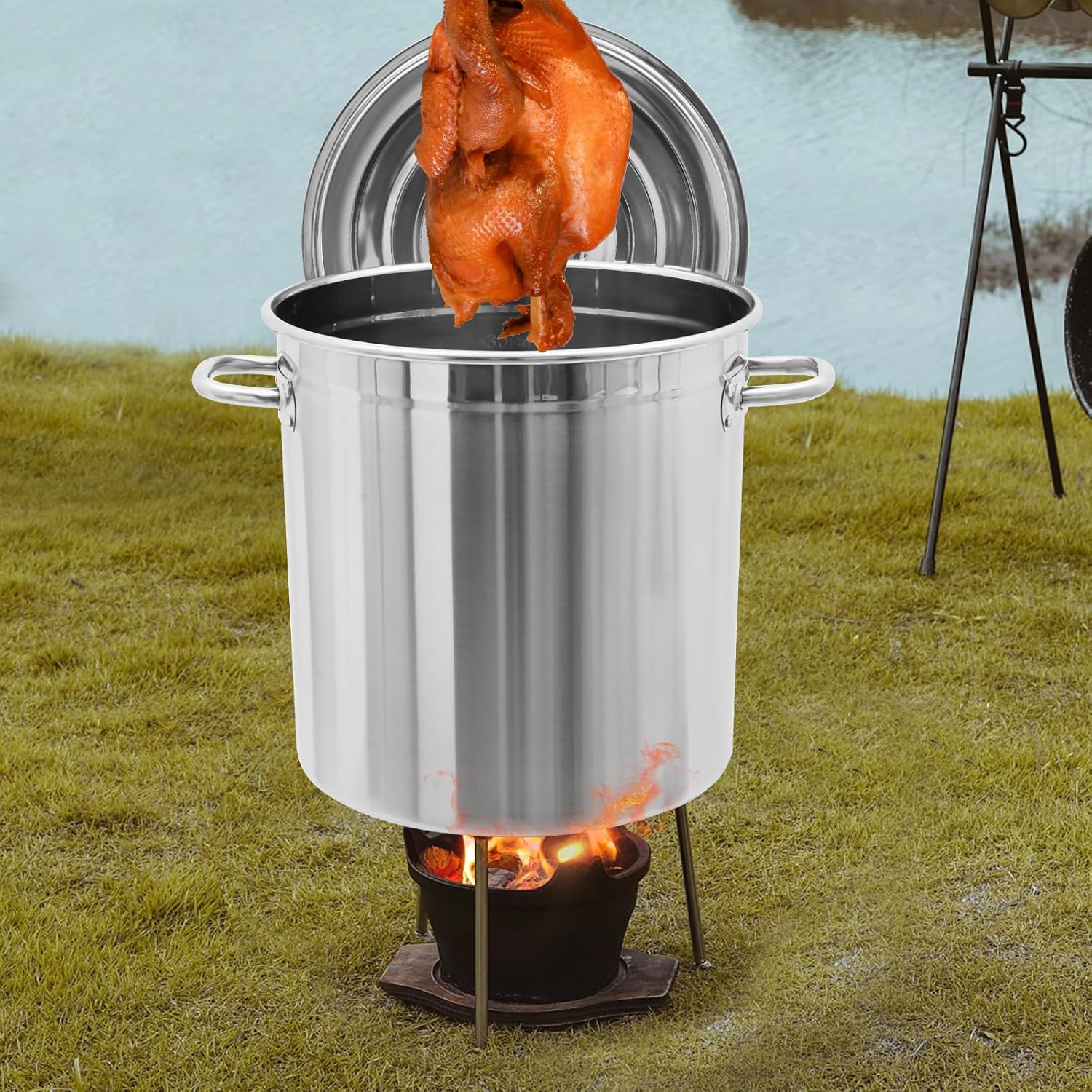 37 QT Stainless Steel Stock Pot with Draining Basket, Crawfish Seafood Boil Pot with Strainer for Outdoor Cooking Lobster Crab Shrimp,Turkey Fryer Pot for Parties, Cafeterias, Restaurants