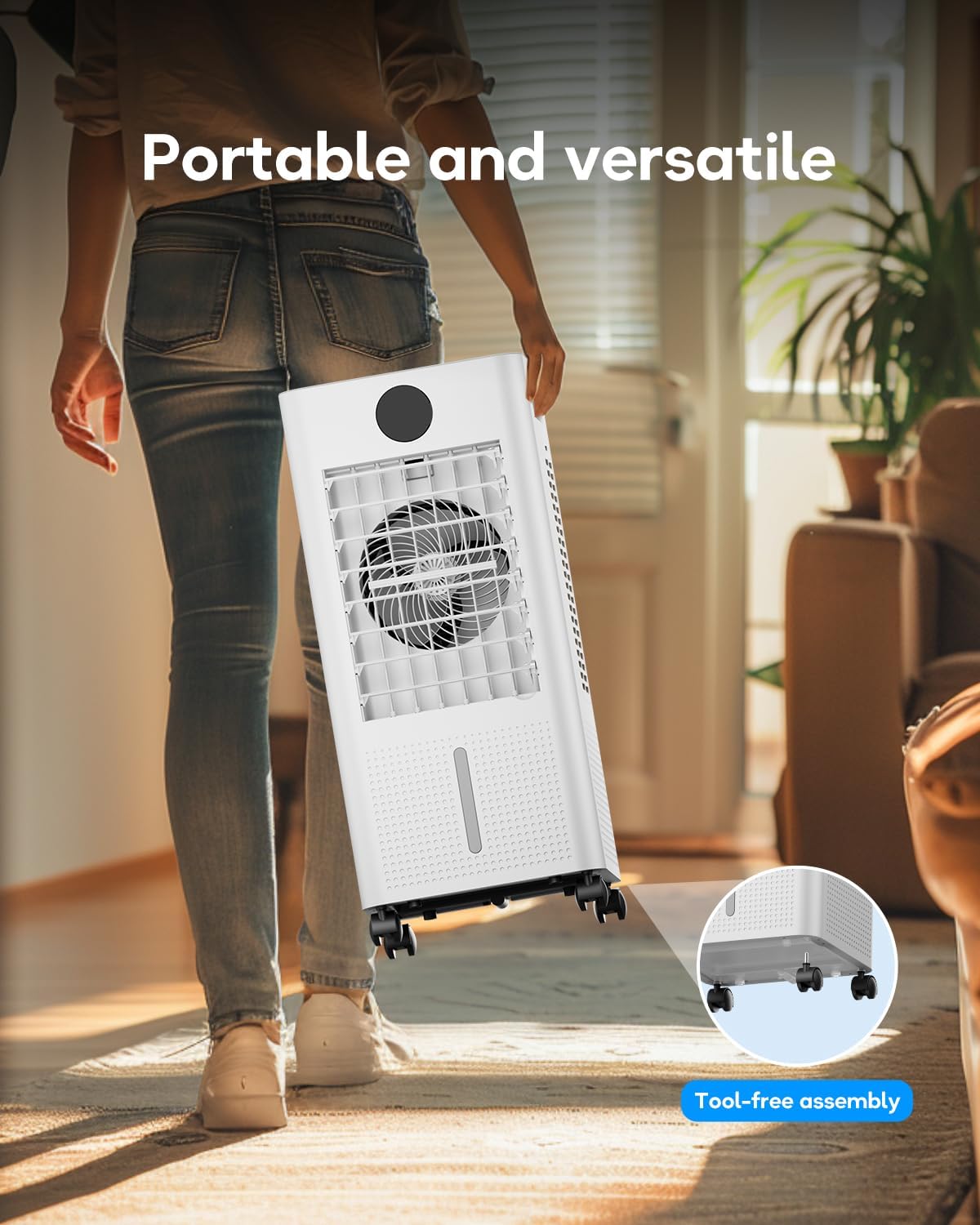 Portable Air Conditioner, Evaporative Air Cooler Windowless with Remote, 3 Speeds, 12H Timer, Oscillating Swamp Cooler for Bedroom, Living Room, White