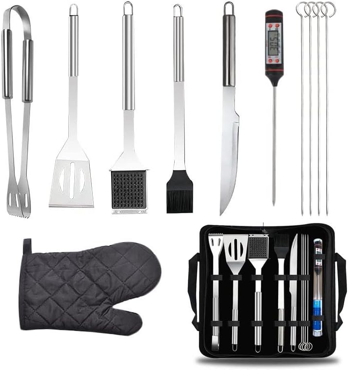 BBQ Tools Set 11Pcs Barbecue Grilling Accessories Utensil for Outdoor Camping Cooking Tools Kit, Stainless Steel Grill Tools with Thermometer