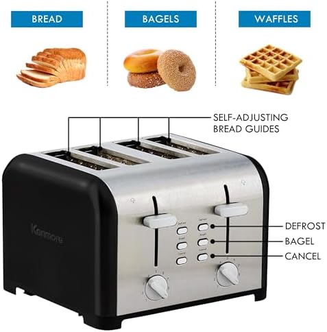 Kenmore toaster 4 slice - extra wide slot countertop kitchen appliance, defrost function, tostador de pan, 9 shade settings, compact design, easy clean crumb tray, bread bagel, stainless steel & black