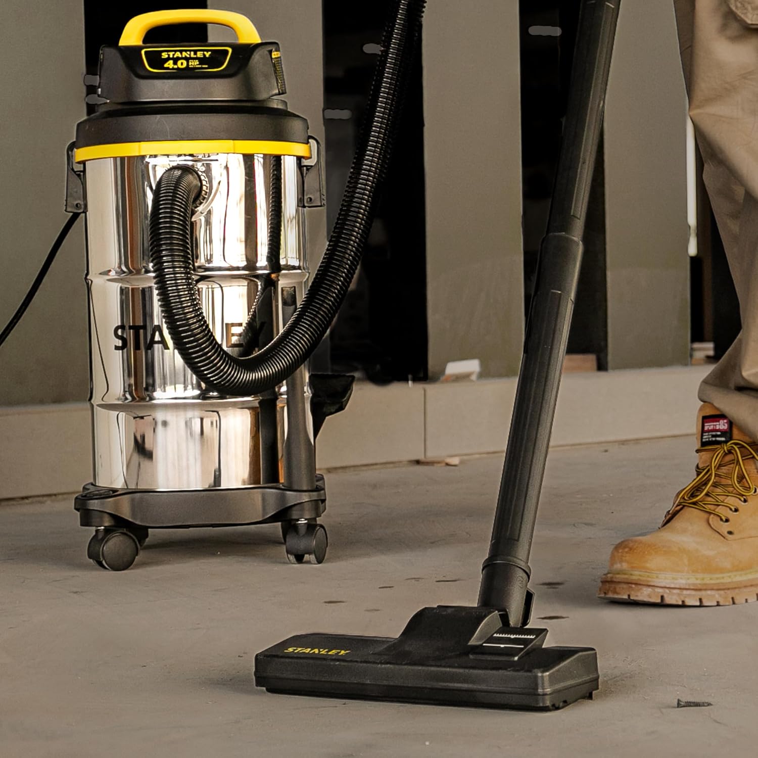 STANLEY Shop Vacuum Wet/Dry, 5 Gallon, 4 Horsepower, Stainless Steel Wet/Dry Vac Silver+Yellow+Black