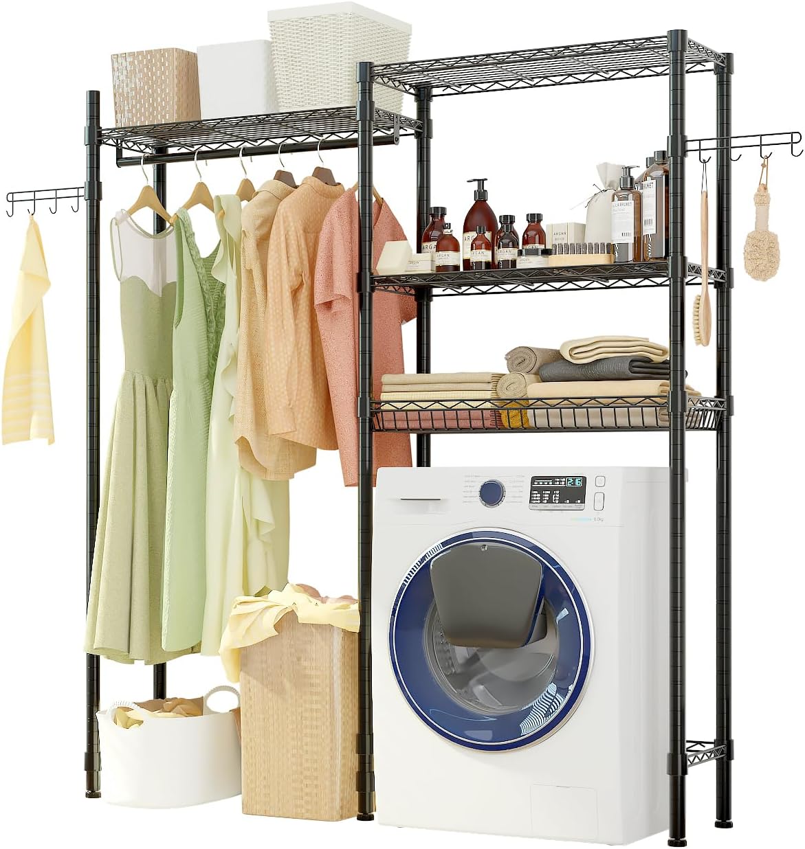 Washer and Dryer Storage Shelf,Clothes Drying Rack, Over Washer and Dryer Laundry Room Bathroom Towel Storage Shelf, Space Saver with Adjustable Shelves, Wire Basket, and Rotatable Hooks,Black