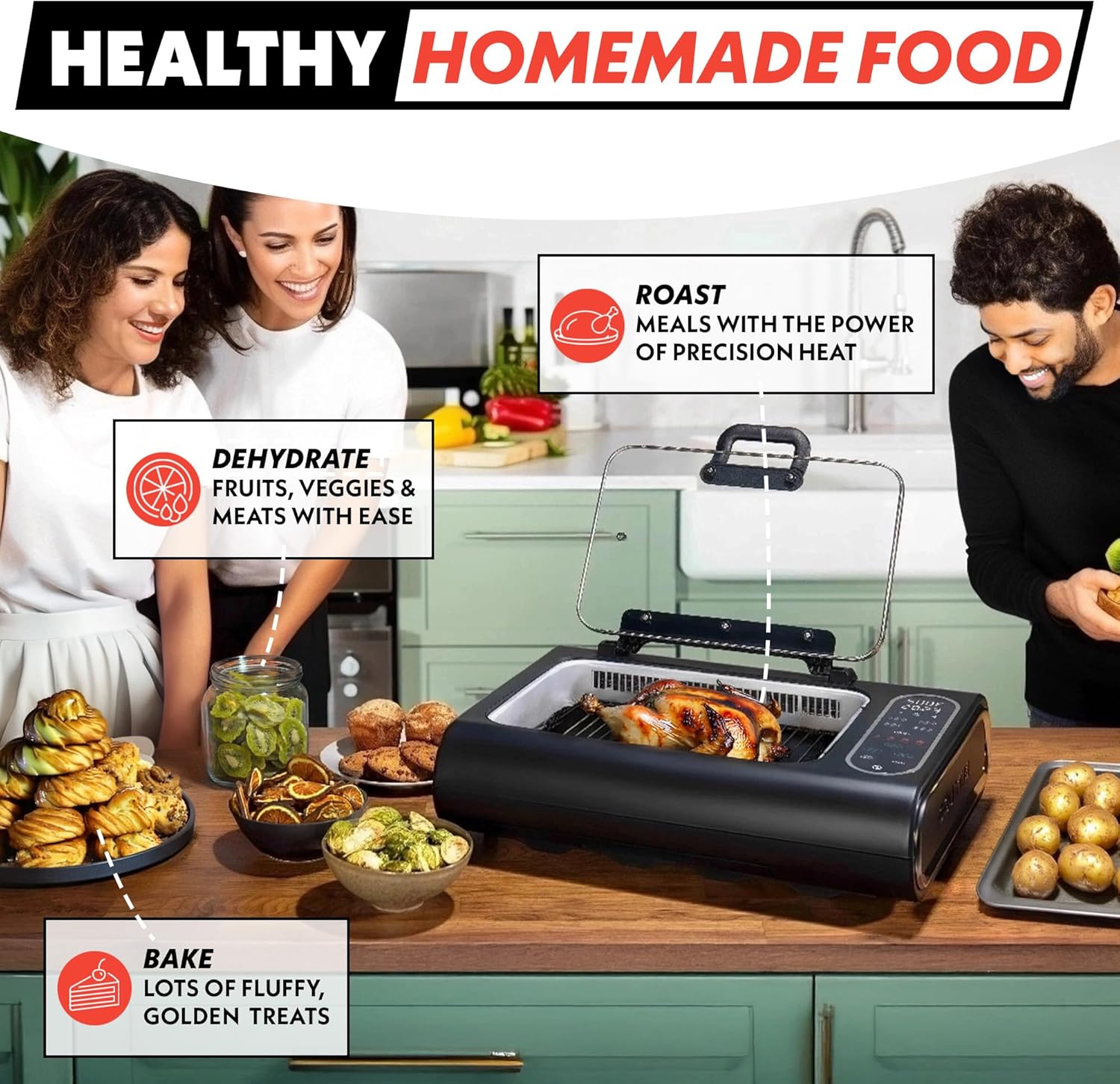 Gourmia Smokeless Indoor Grill & Air Fryer with Recipe Book – Electric Grill for Indoor Use, 5‑in‑1 Countertop Cooker, Cast-Iron Grate, 1650W, Glass Lid, Dishwasher-Safe Plates