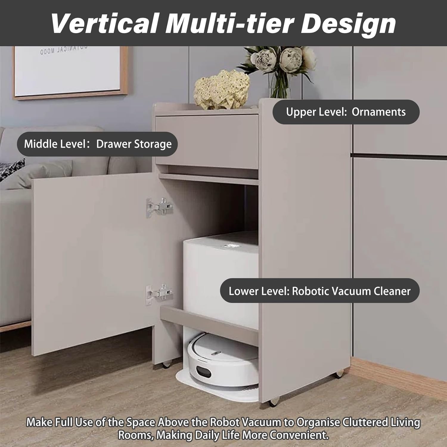 Mobile Robot Vacuum Storage Side Table Multi Tier End Hidden Cabinet with Wheels Robot Shelf Space Saving for Living Room Kitchen Over(Natural)