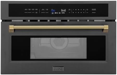 ZLINE Autograph Edition 30 in. 1.6 cu ft. Built-in Convection Microwave Oven in Black Stainless Steel and Polished Gold Helix Handle (MWOZ-30-BS-KG)